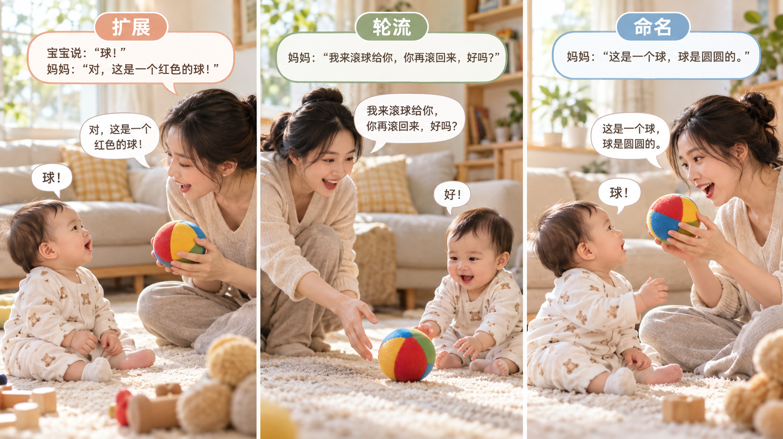 中国年轻妈妈与7-12个月中国婴儿在家庭客厅地毯上面对面互动，宝宝坐着咿呀发音，妈妈蹲坐靠近并微笑回
