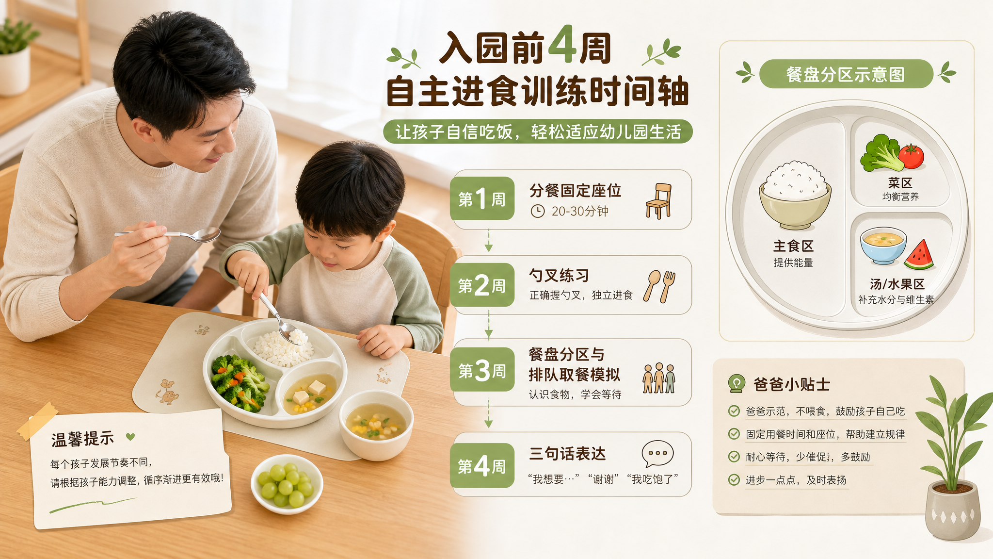 一张信息图风格的育儿科普配图,场景为中国家庭餐桌的俯拍视角,桌面整洁;核心主体为“入园前4周自主进食