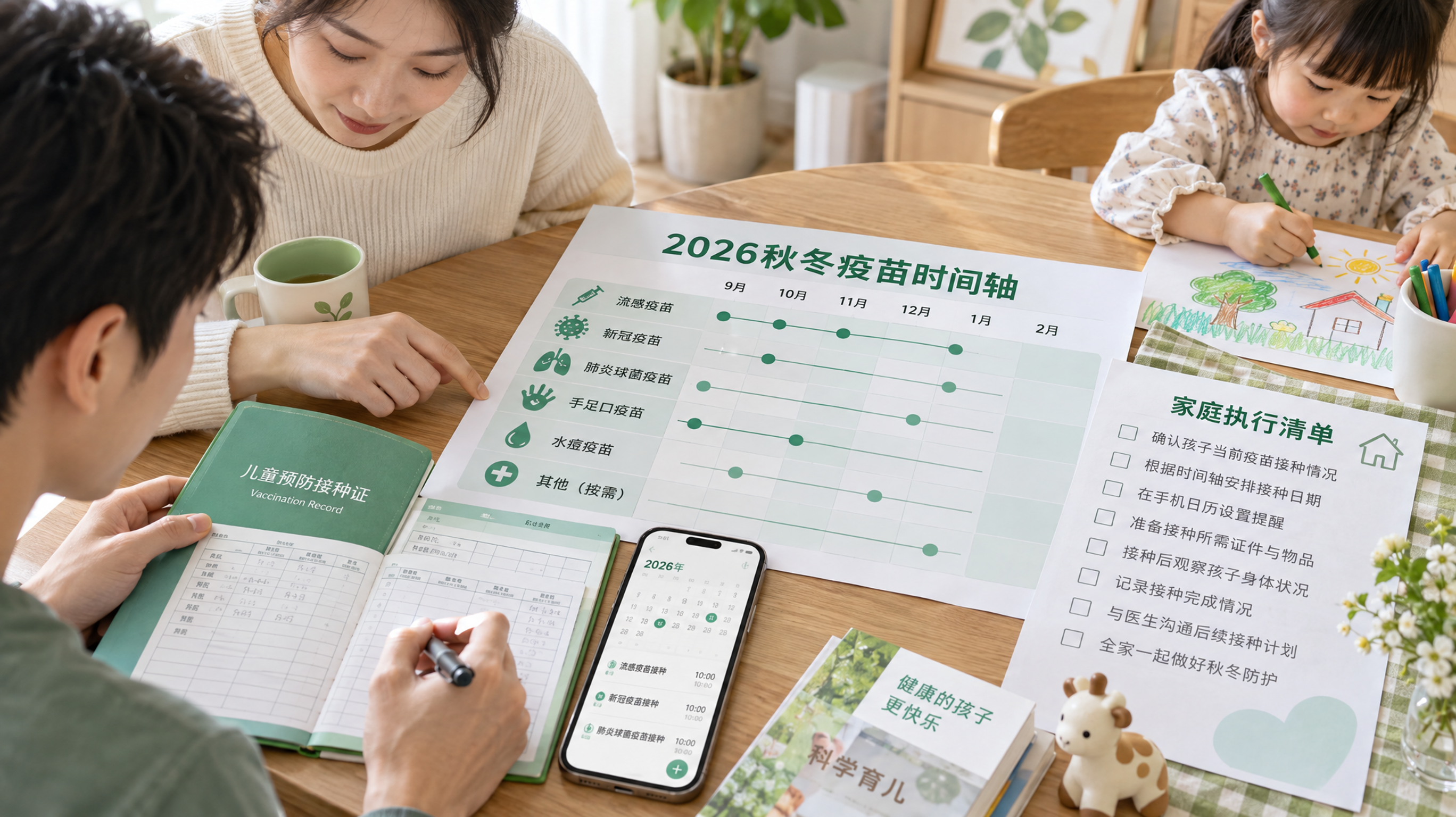 中国年轻父母在家中餐桌前整理儿童疫苗接种本与手机日历提醒,旁边有一张清晰的“2026秋冬疫苗时间轴”