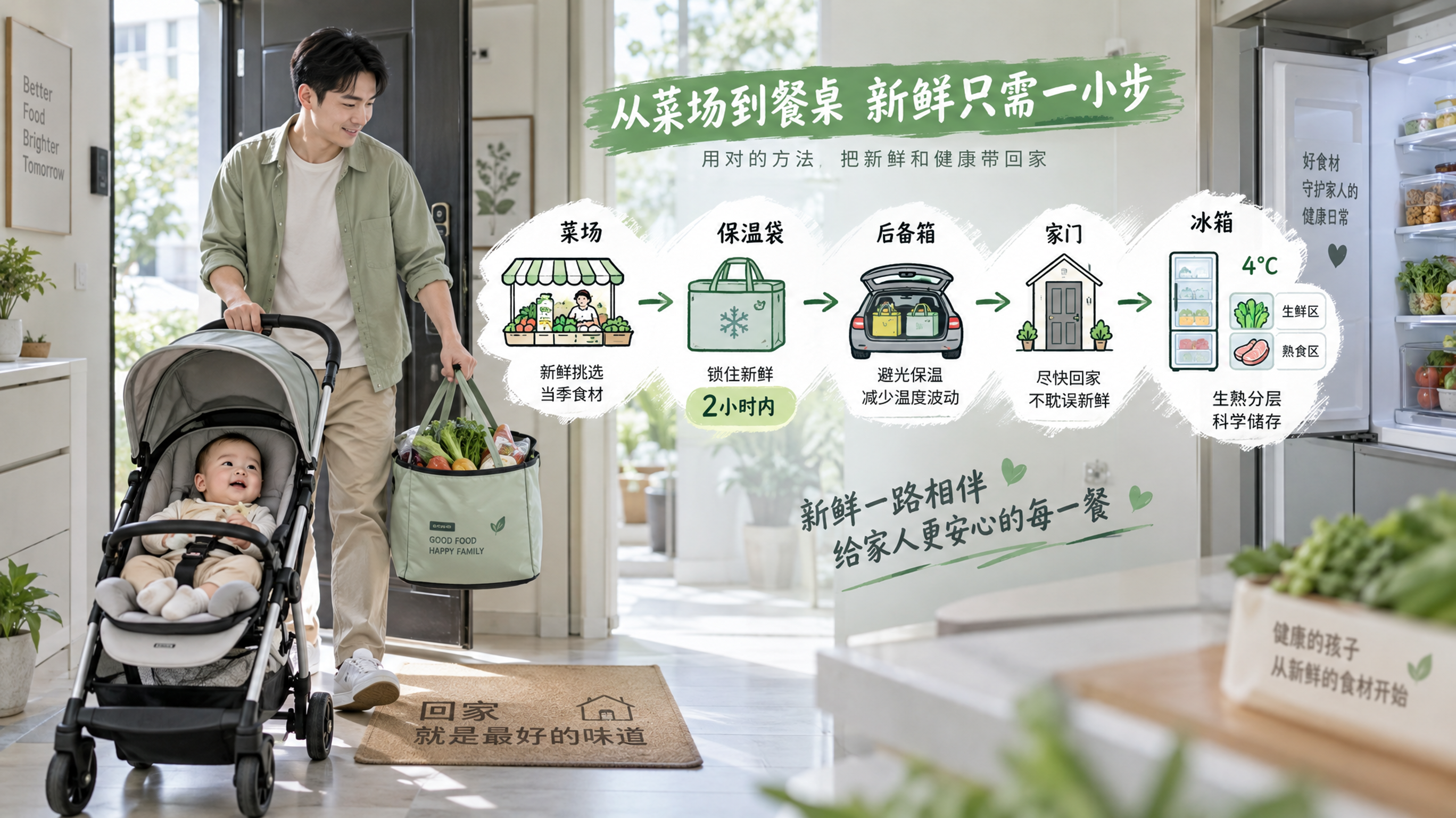 中国年轻爸爸推着婴儿车在家门口进门处，另一只手提着装有生鲜的保温袋，旁边可见冰箱门半开；画面中突出“