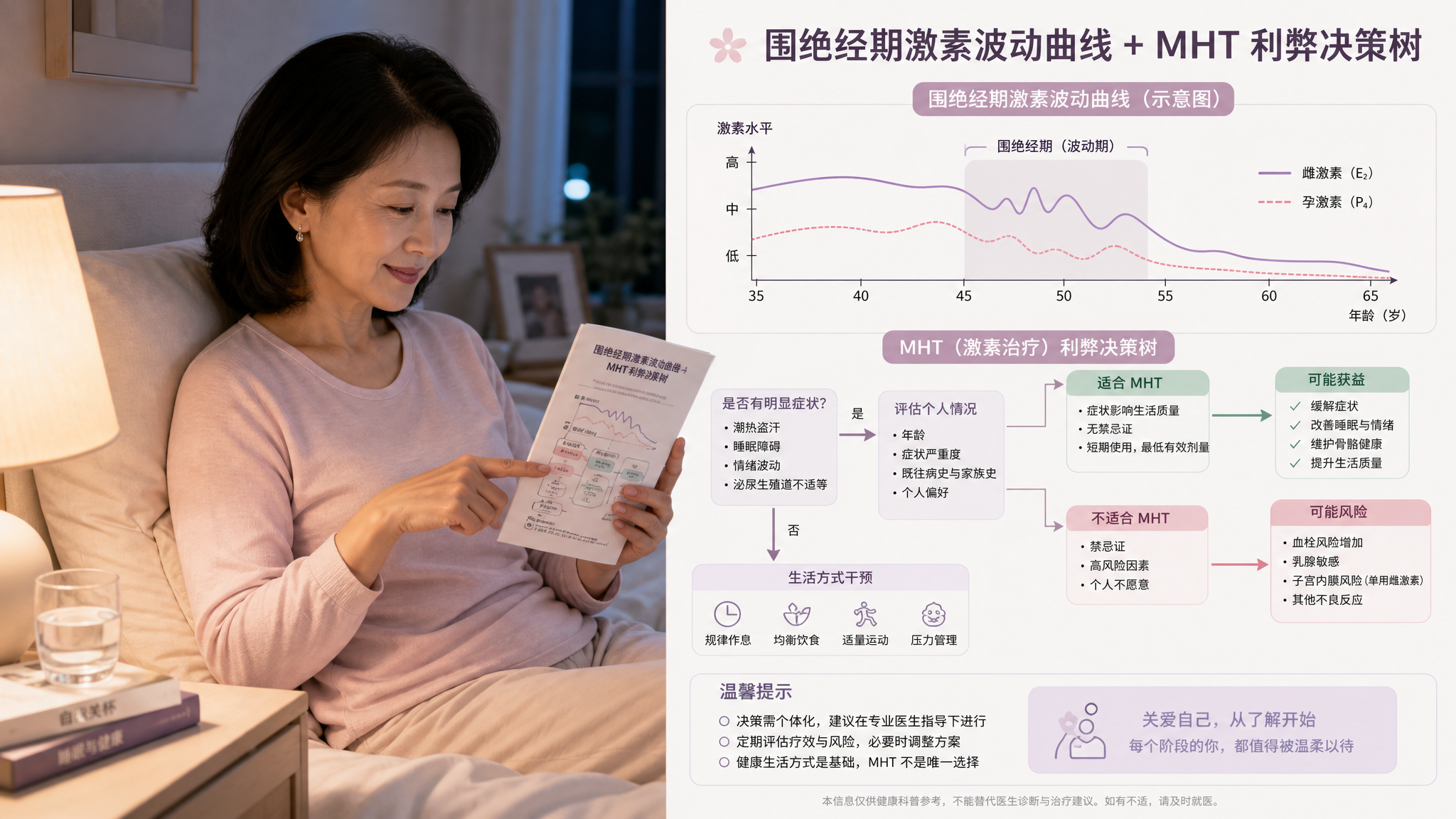 温柔治愈系科普插画风格,画面主体为一张“围绝经期激素波动曲线 + MHT利弊决策树”的信息图海报,场