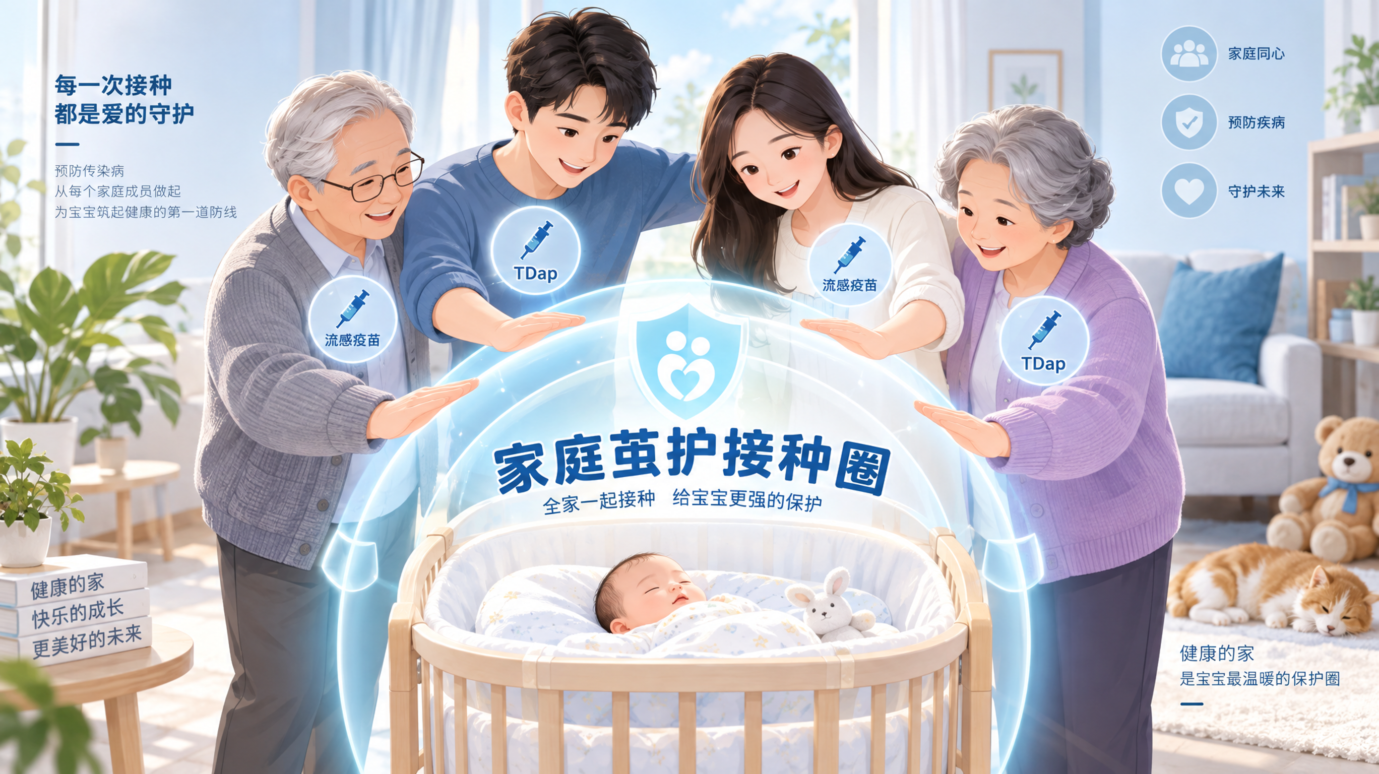 冷静湖蓝色调的健康科普插画风格，室内温馨客厅场景，中国年轻父母与祖辈围成半圆“保护圈”站在婴儿摇篮周