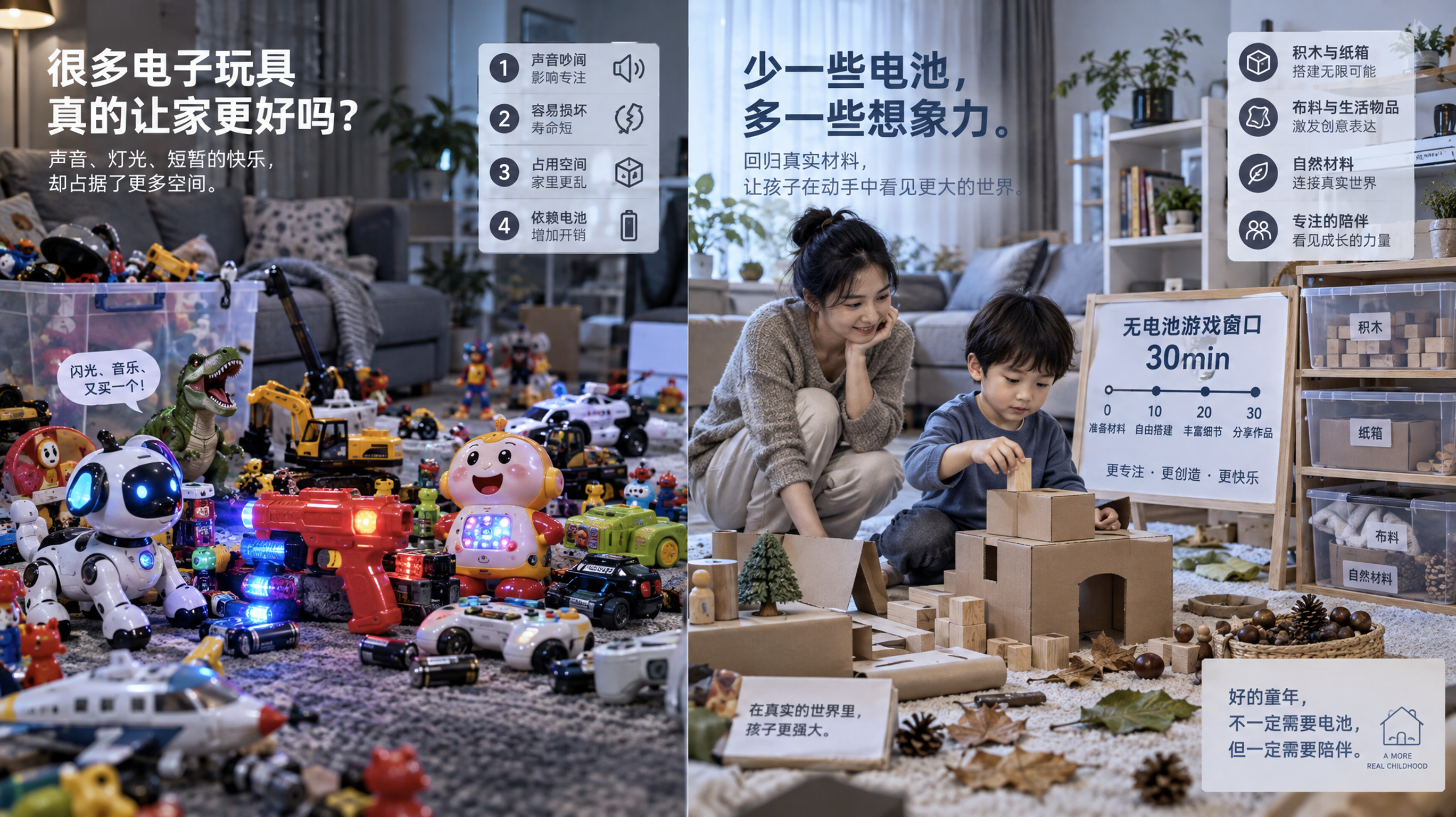 中国家庭客厅场景，冷色调实验室风对比构图，画面左右分屏：左侧地垫上堆满声光电塑料玩具（闪光枪、遥控玩具车