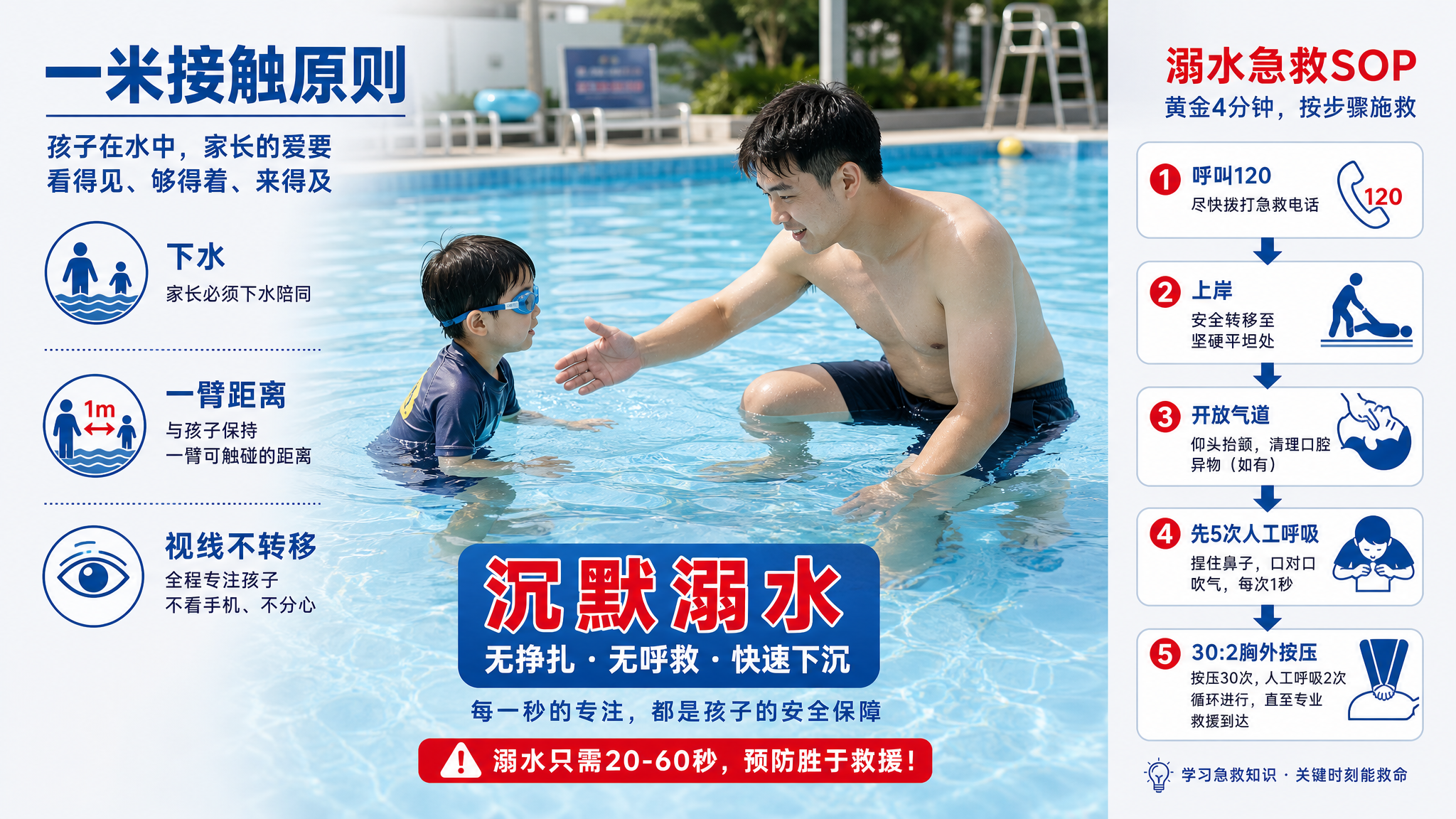 中国泳池场景的安全科普海报风格画面，一位中国年轻爸爸在浅水区半蹲下水，保持一臂距离伸手护着一位3-6