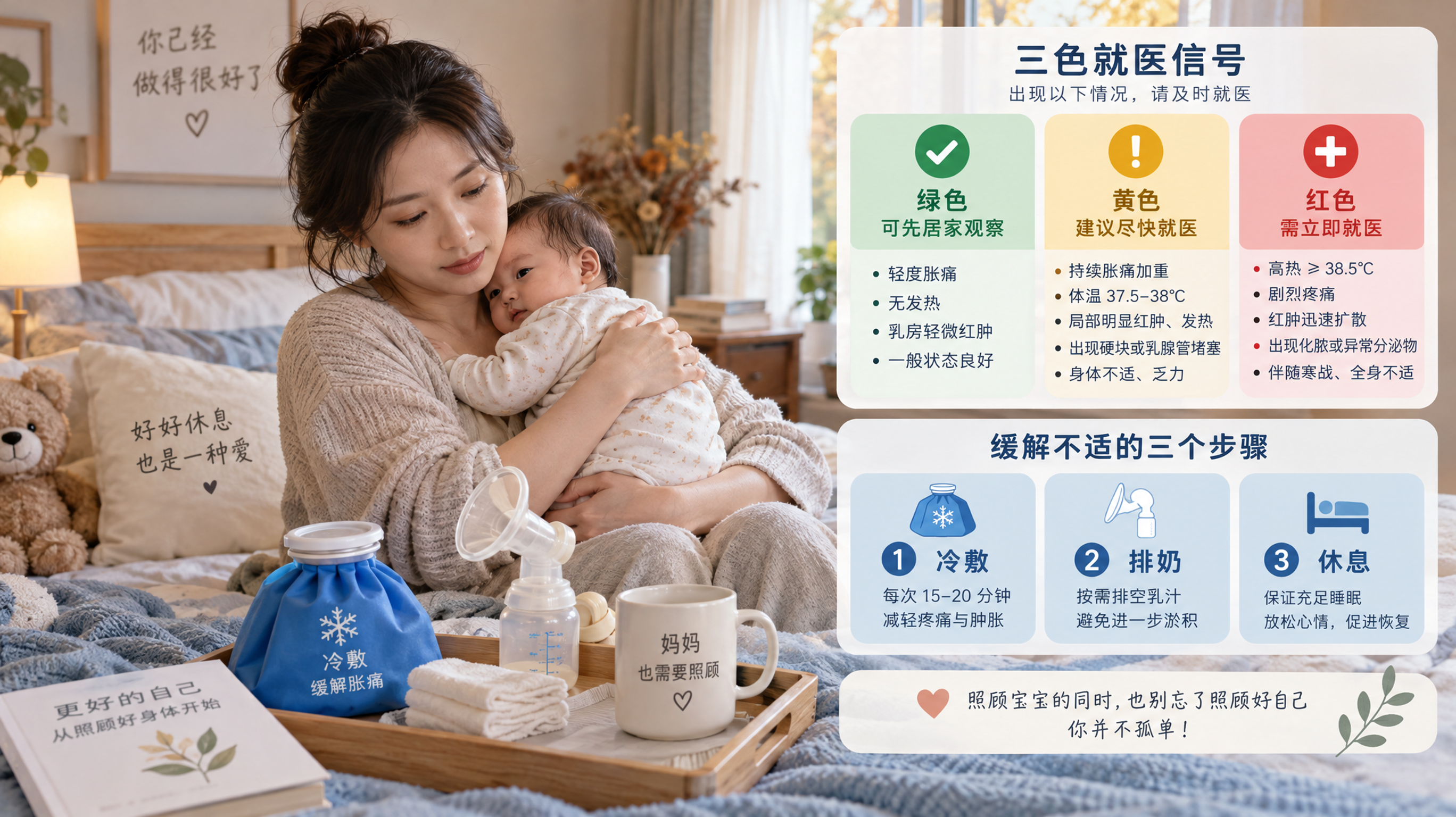 中国年轻妈妈在卧室床边抱着婴儿，旁边有冷敷冰袋与吸奶器放在干净托盘上，画面右侧以简洁信息图形式呈现“