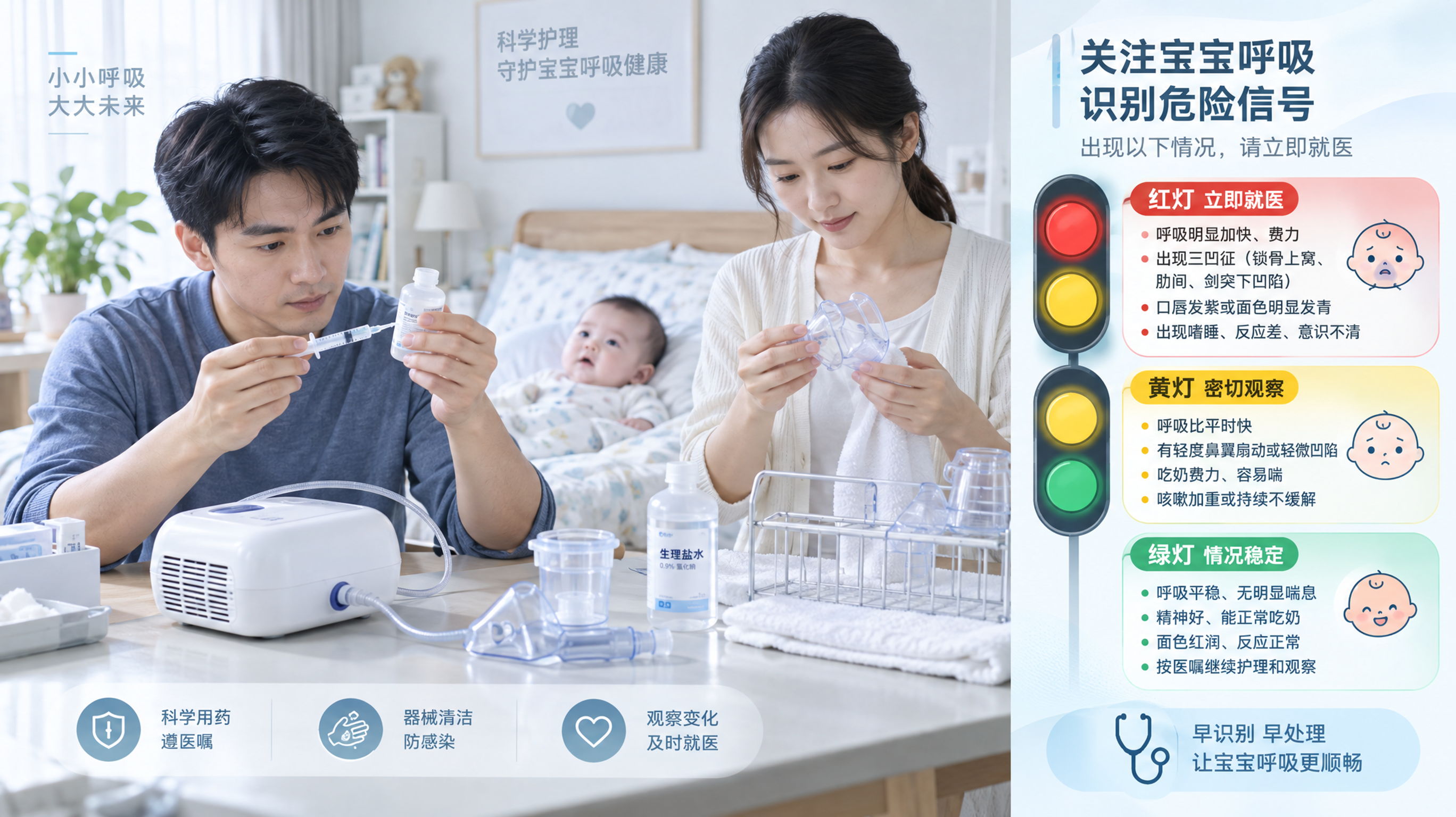 中国年轻父母在家中明亮干净的卧室里照顾一名中国0-1岁婴儿，爸爸在桌边拿着1mL注射器对照药瓶标签核