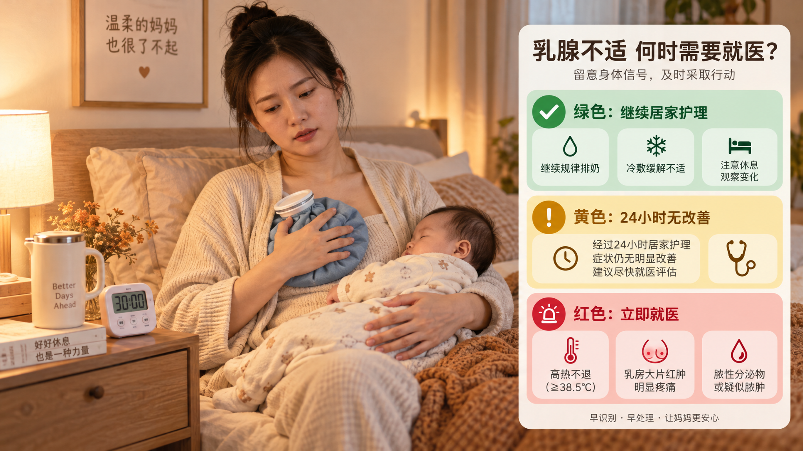 中国年轻哺乳期妈妈在卧室床边坐着，身穿柔软家居服，表情疲惫但镇定，一手抱着熟睡的中国婴儿，另一手拿着
