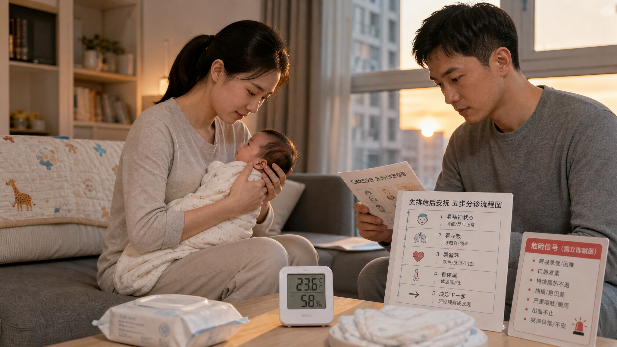 中国年轻父母在傍晚的客厅照护中国婴儿,妈妈抱着婴儿轻柔安抚,爸爸在旁边看一张“先排危后安抚 五步分诊