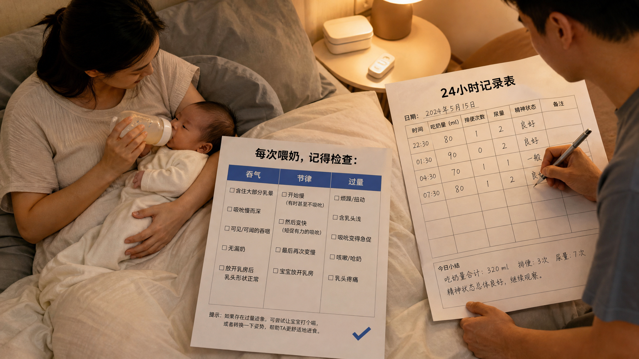 中国年轻父母在家中卧室的夜间柔光环境里照顾中国新生儿，妈妈抱着宝宝进行分段喂奶并轻轻拍嗝，爸爸在旁边