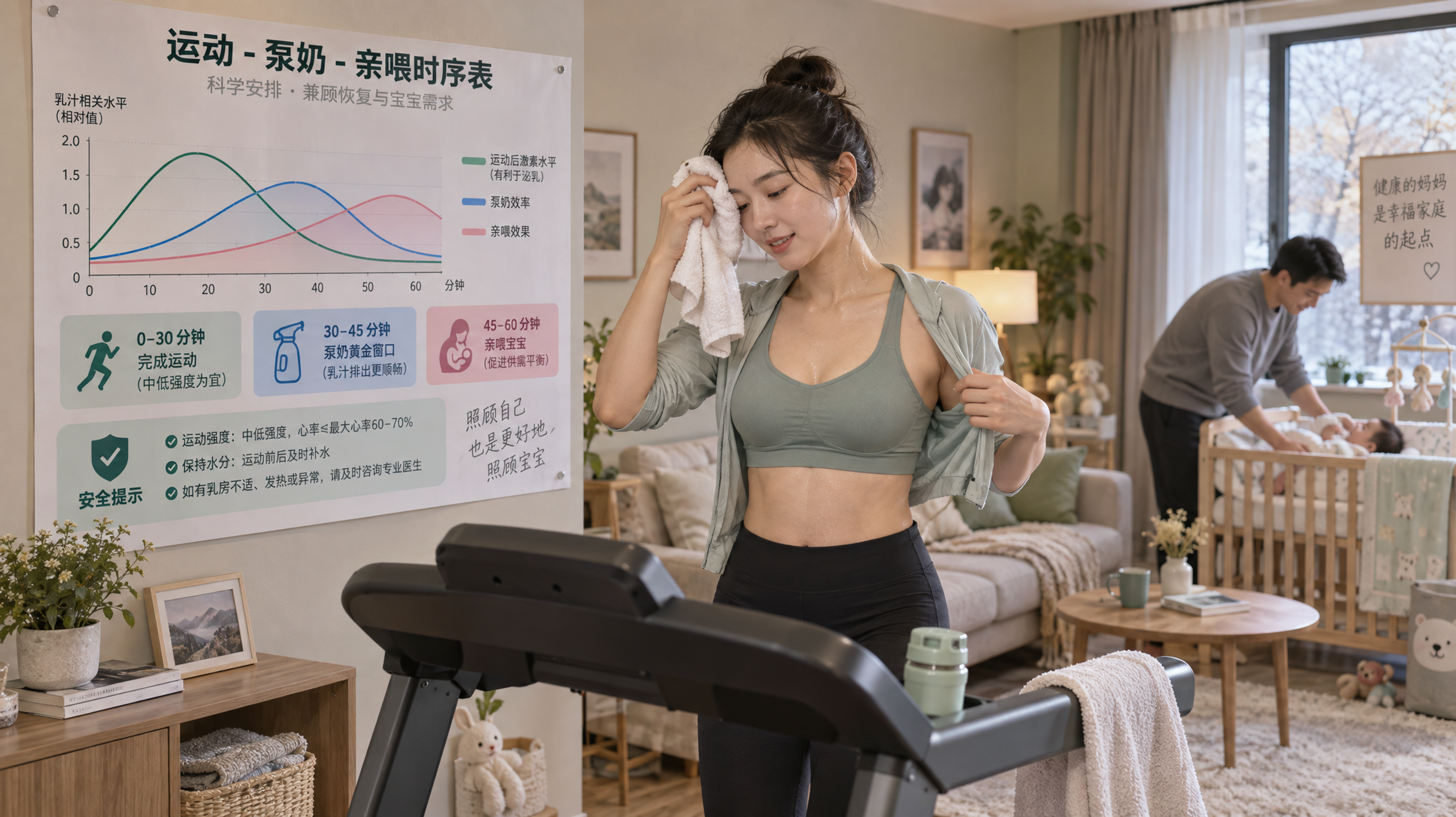 中国年轻妈妈在家中客厅进行室内跑步机慢跑训练，旁边墙面贴着一张清晰的“运动-泵奶-亲喂时序表”信息图
