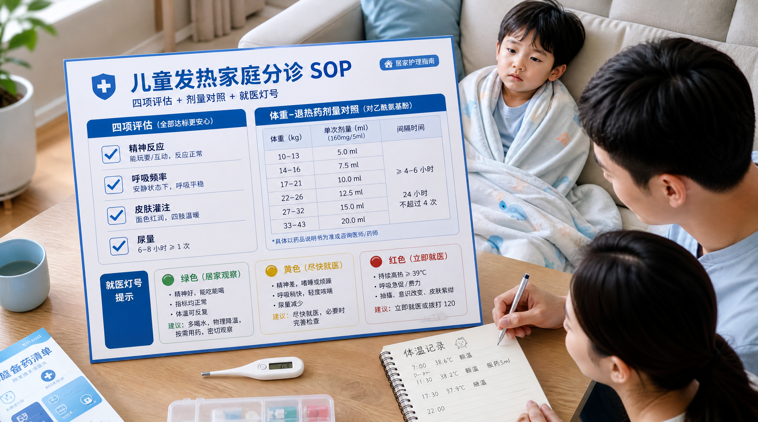 蓝白急诊风信息卡海报，场景为干净明亮的家庭客厅桌面，核心主体是一张“儿童发热家庭分诊SOP”信息卡：