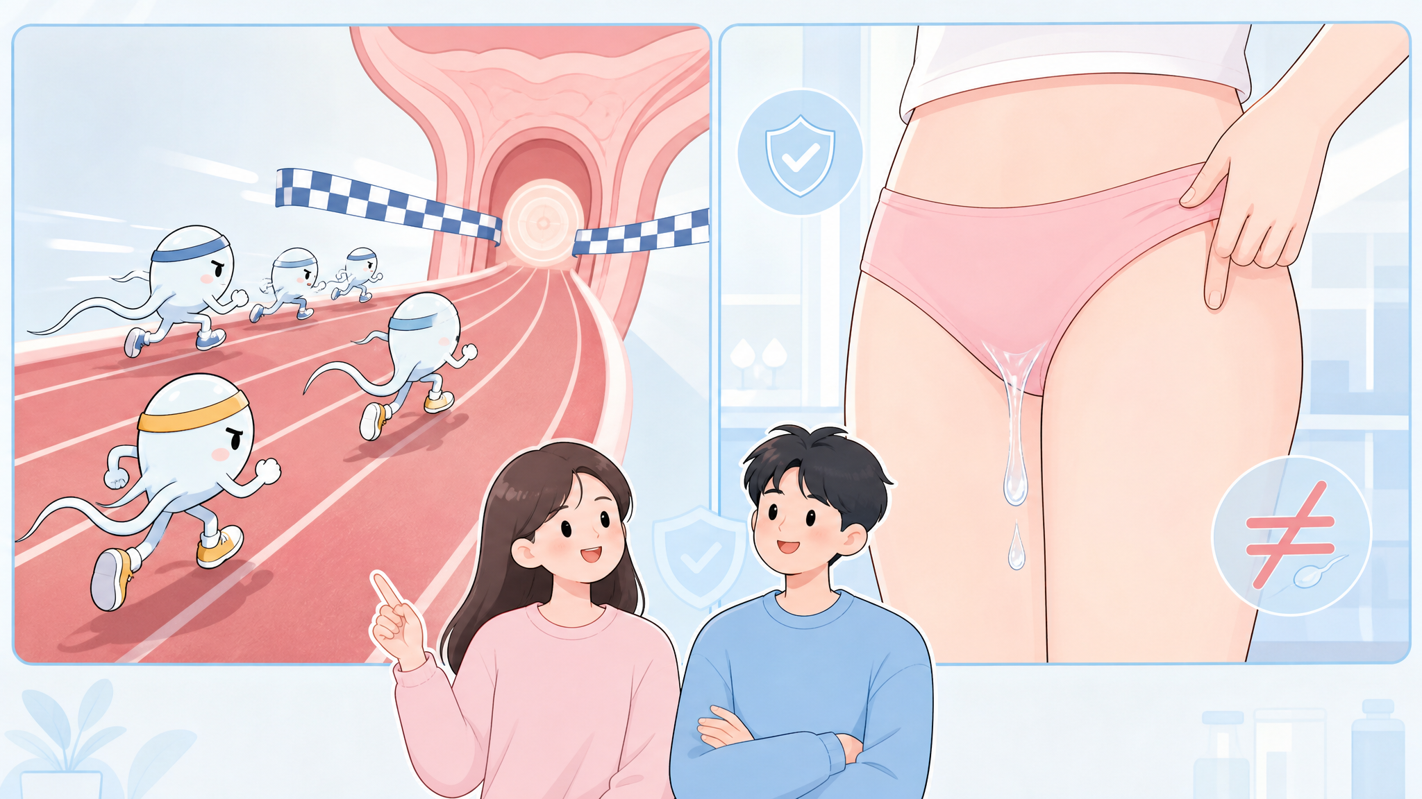 画面分为左右两栏的趣味科普插画，左侧为“精子冲线”比喻：几位拟人化的小小精子跑者在跑道上向前冲刺，终