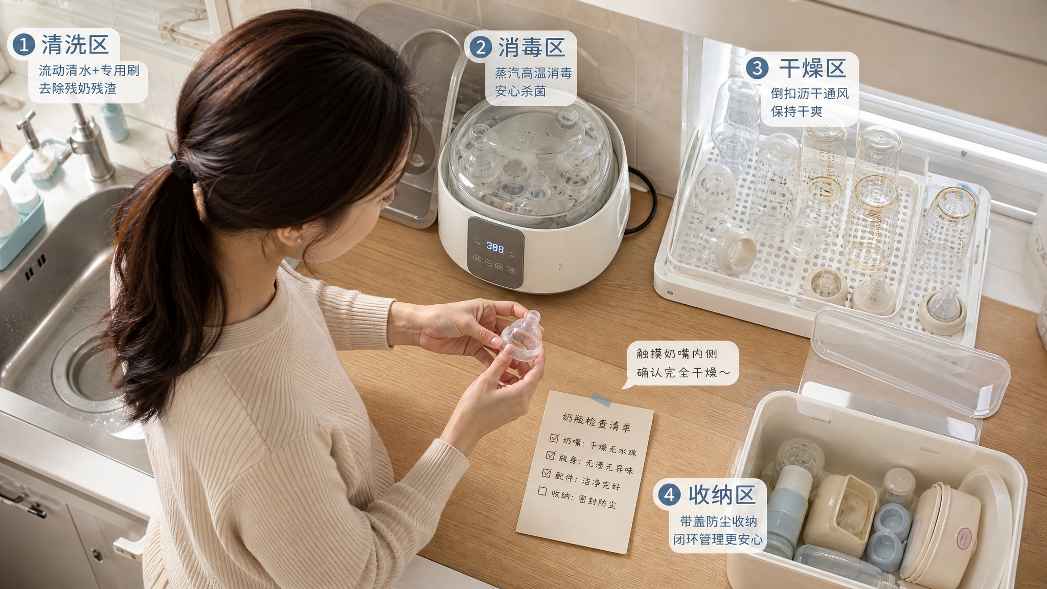 中国年轻妈妈在家庭厨房台面前进行奶瓶器具闭环管理,画面包含四区分区动线:清洗区(水槽旁)、消毒区(蒸