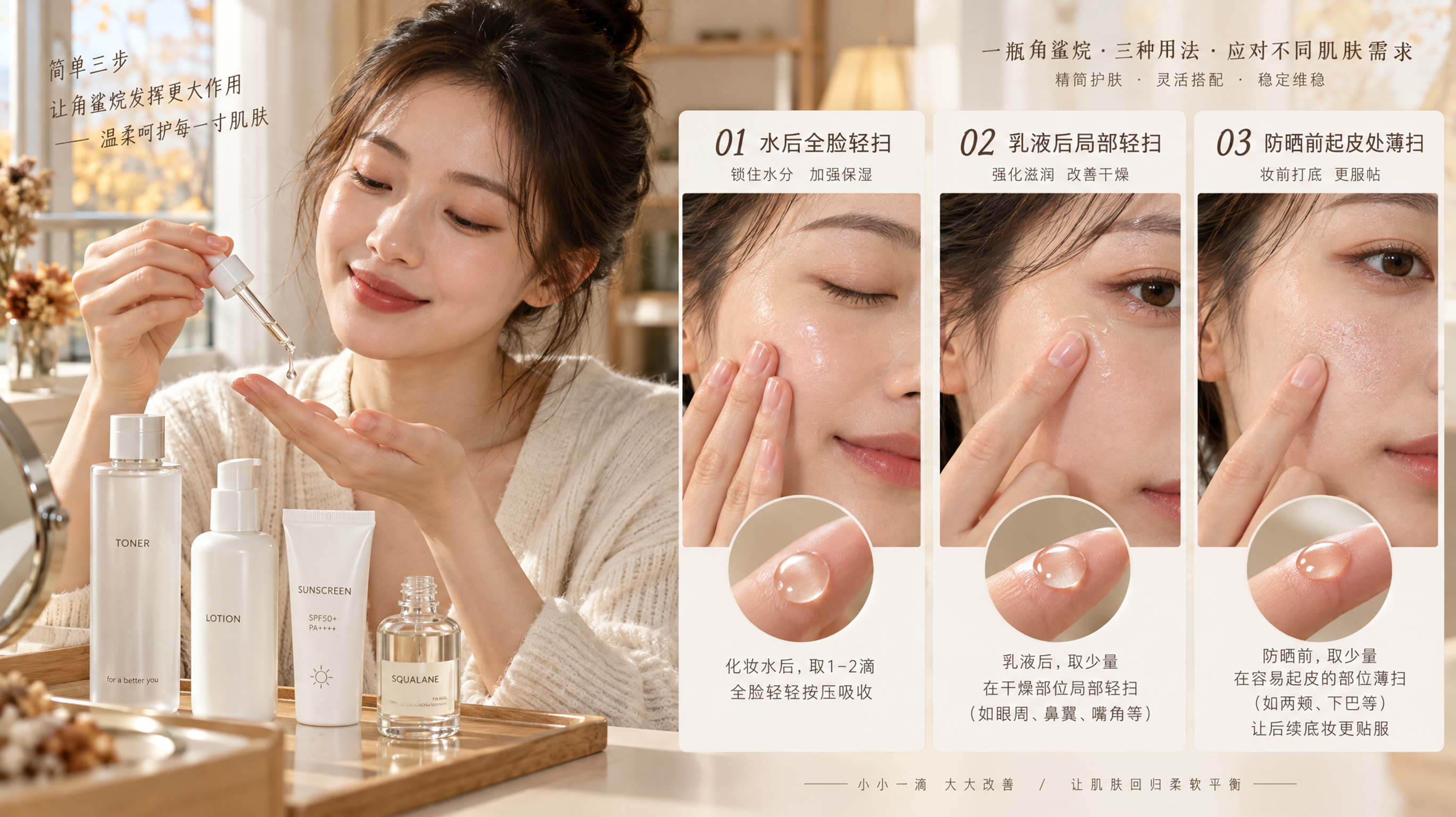 中国年轻女性在秋日暖阳的窗边梳妆台前护肤教学，人物手持透明小滴管滴出一滴角鲨烷于指尖，桌面有极简护肤