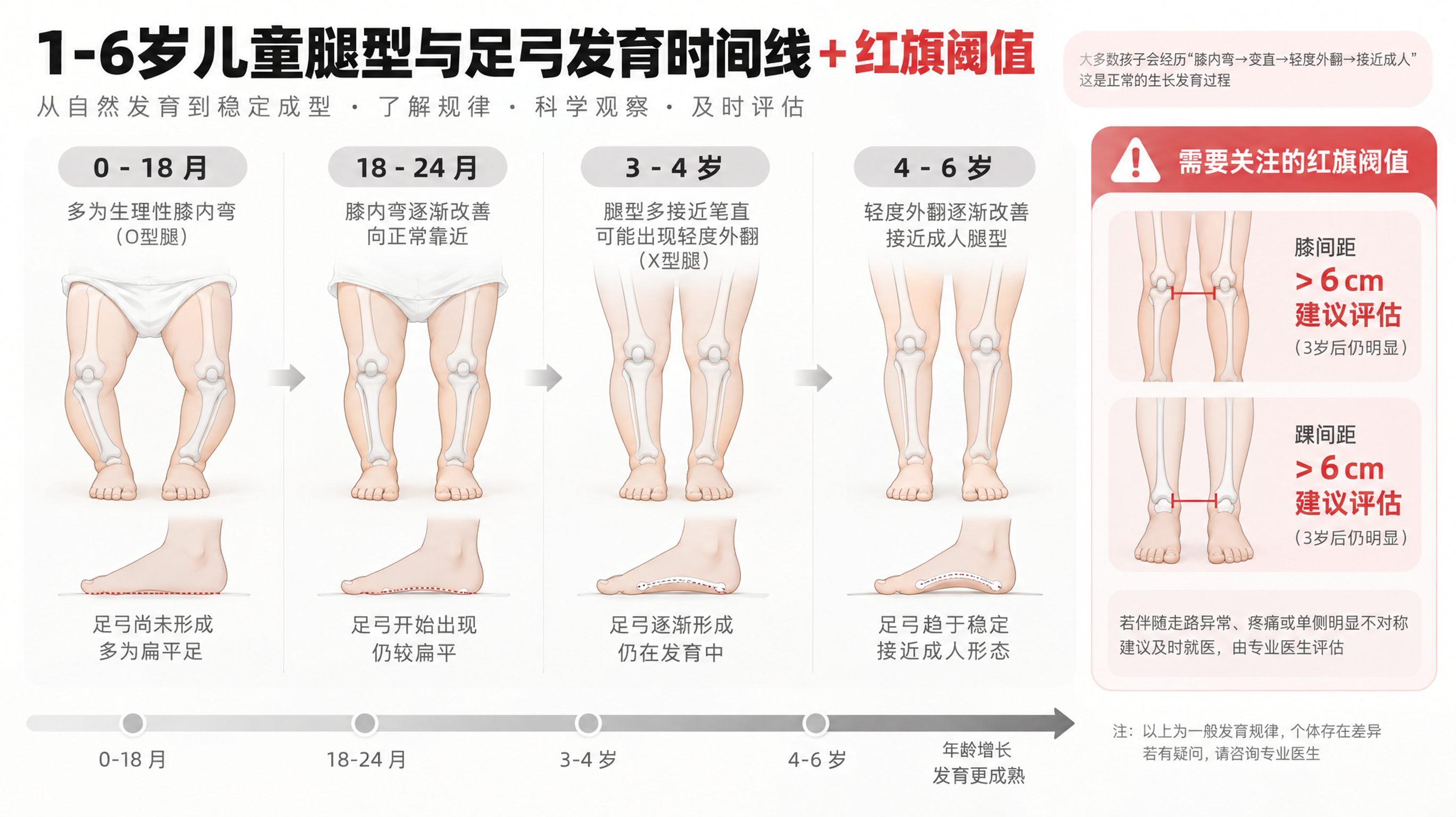 竖版信息海报风格插画，主题为“1-6岁儿童腿型与足弓发育时间线+警示信号阈值”，画面包含一条横向年龄轴（
