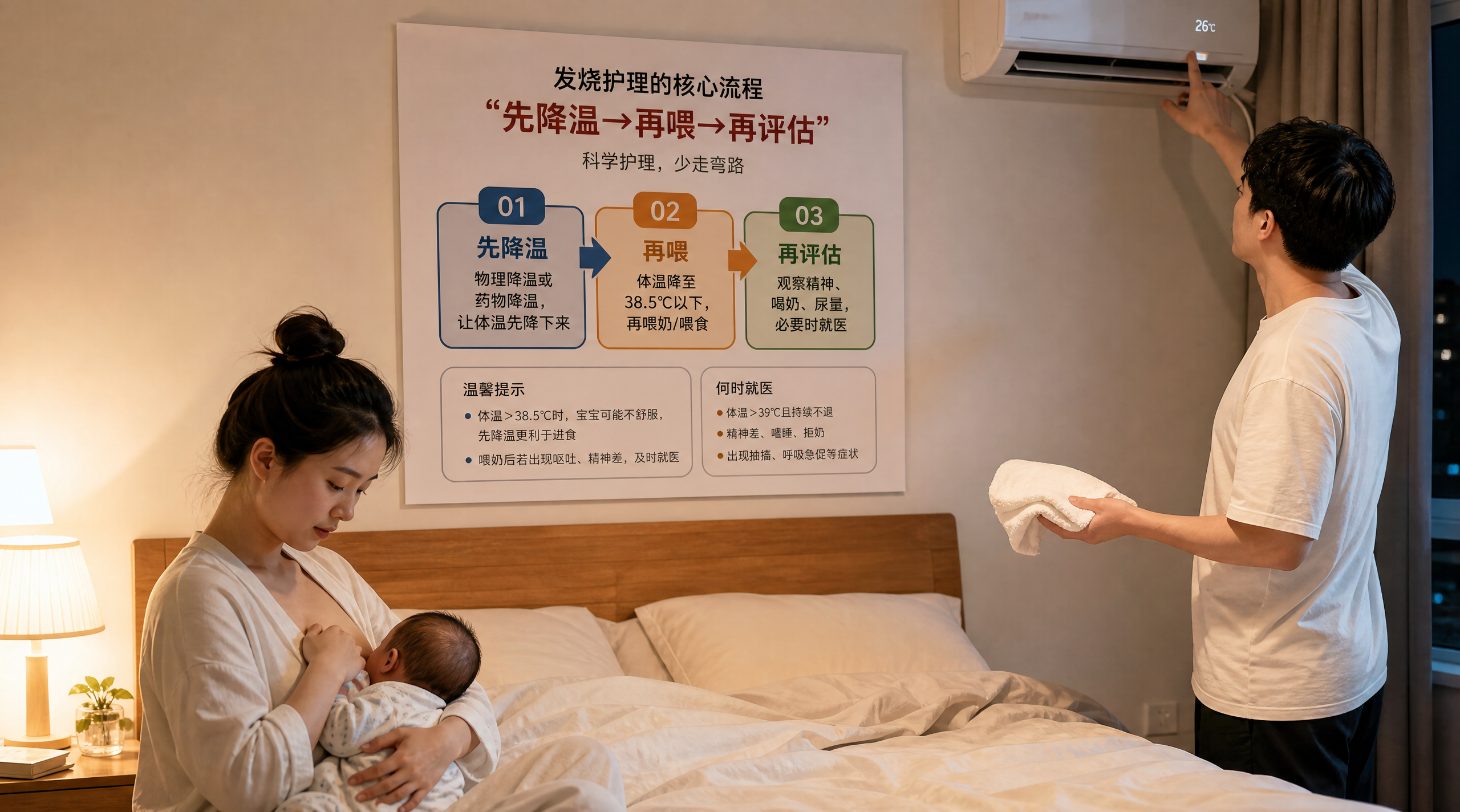 中国年轻妈妈与中国年轻爸爸在夜晚的卧室里照顾中国婴儿，妈妈坐在床边准备哺乳，爸爸在一旁调节空调温度并