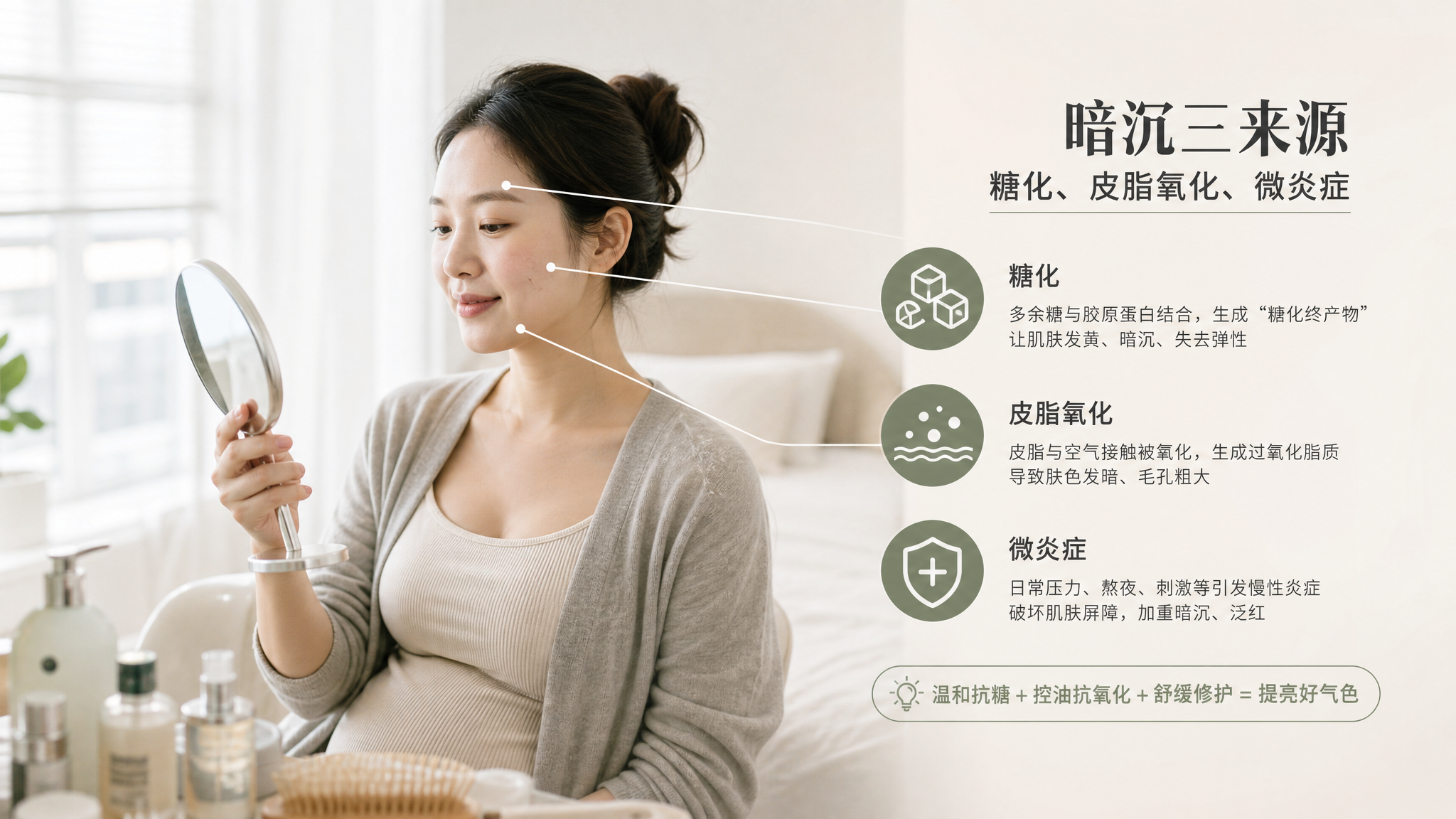 质感杂志风的护肤科普配图，画面为中国孕期女性（25-35岁）半身肖像，坐在干净明亮的卧室梳妆台前，手