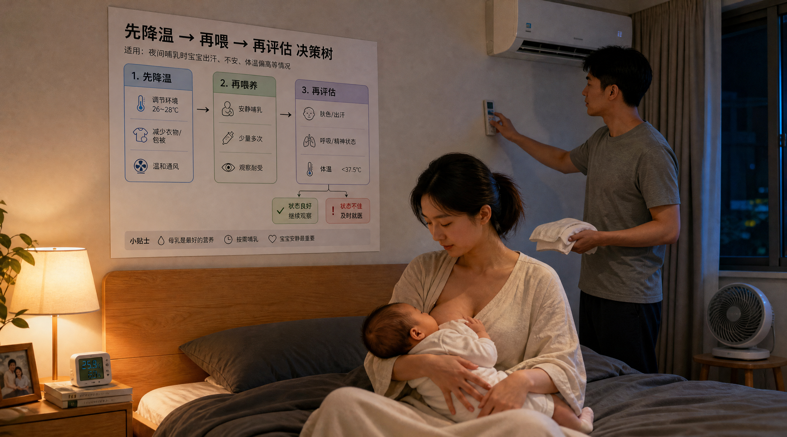 中国年轻父母的卧室夜间场景，一位中国妈妈坐在床边抱着中国婴儿准备哺乳，中国爸爸在一旁轻声调节空调温度