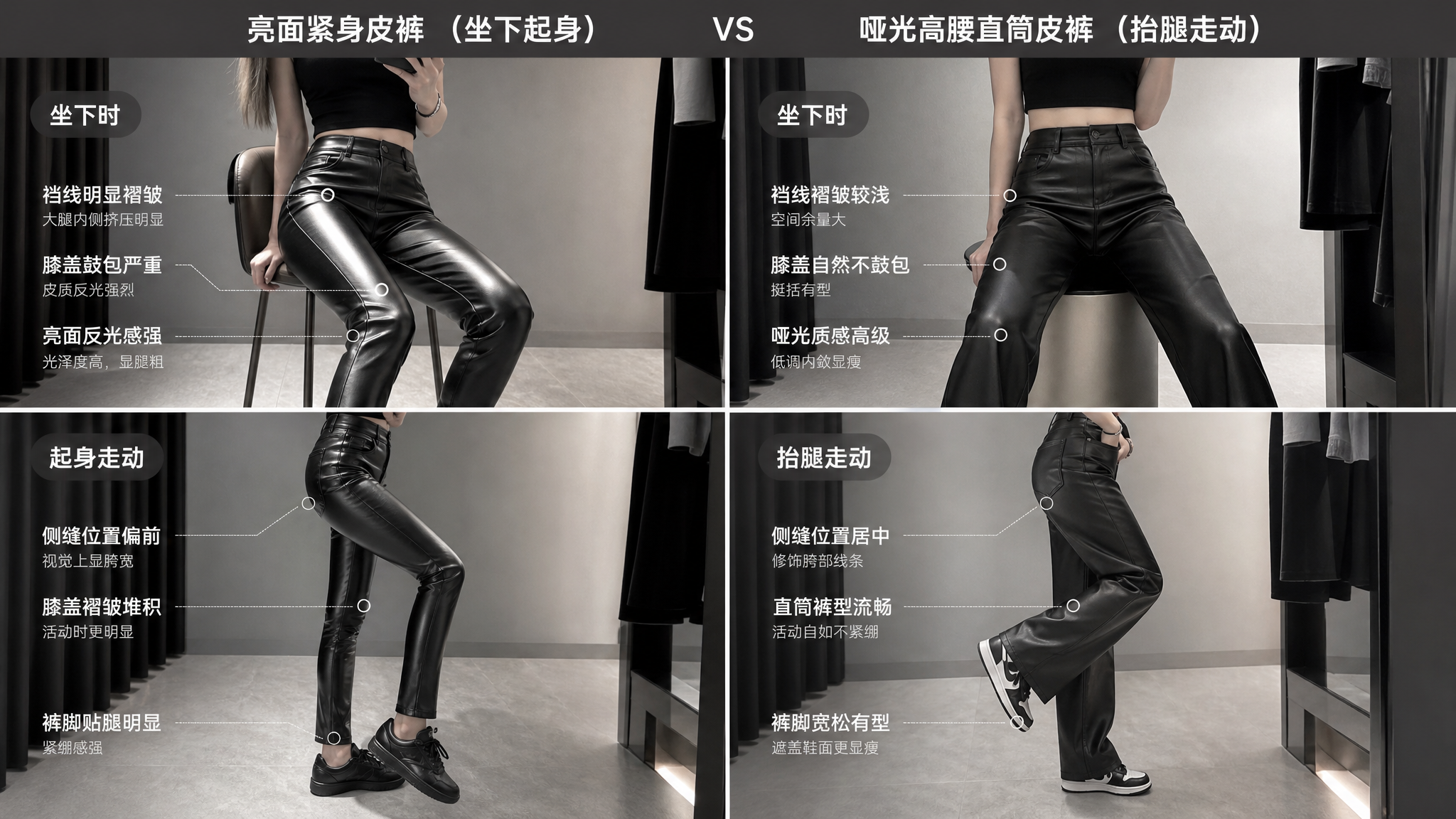 中国年轻女性模特在室内试衣间场景,穿着两条不同皮裤进行对比展示:一条亮面紧身皮裤与一条哑光高腰直筒皮