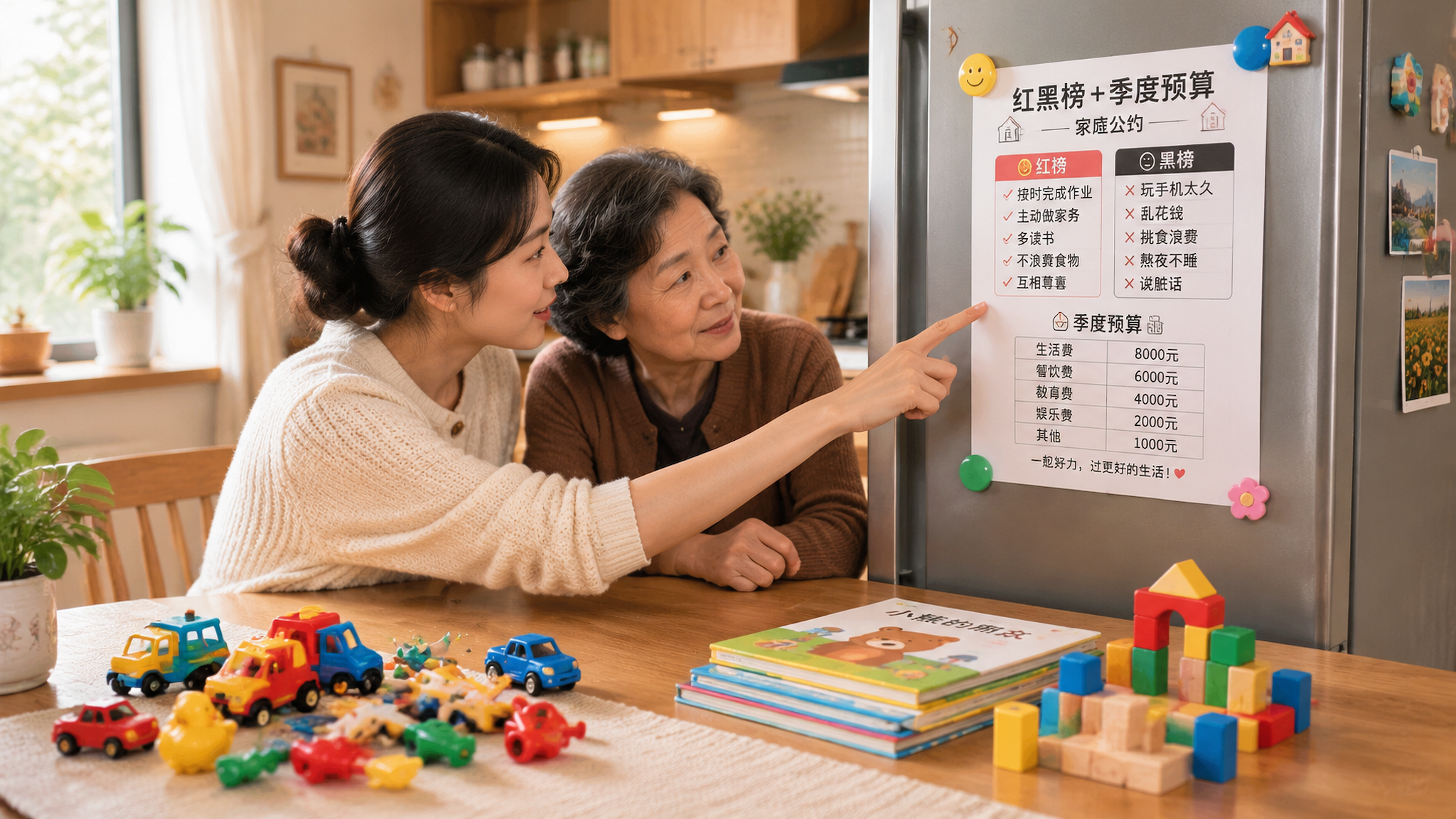 温暖木色调的中国家庭客厅与开放式厨房一角，冰箱门上贴着一张“红黑榜+季度预算”家庭公约纸张（清晰但不