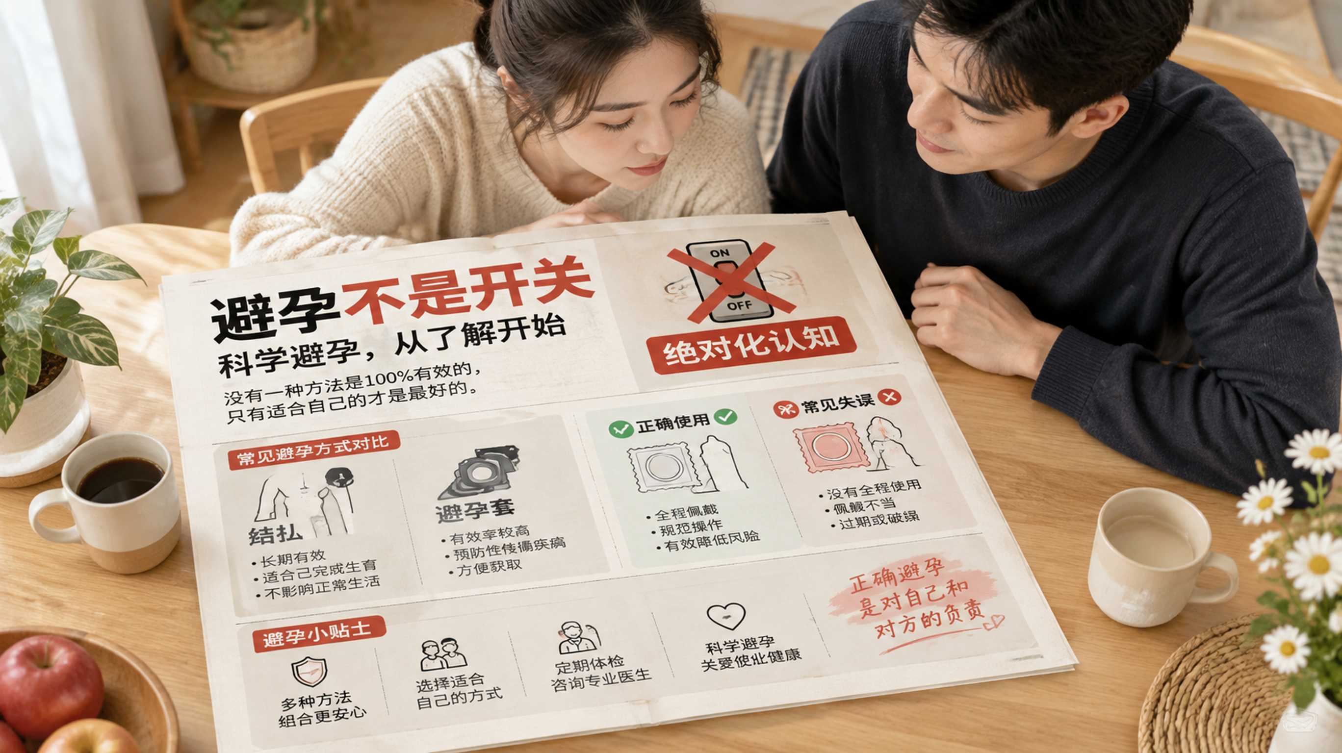 中国年轻夫妻在家中餐桌旁一起查看“避孕不是开关”的科普小报风信息图,桌面有简洁的图表对比(结扎、避孕