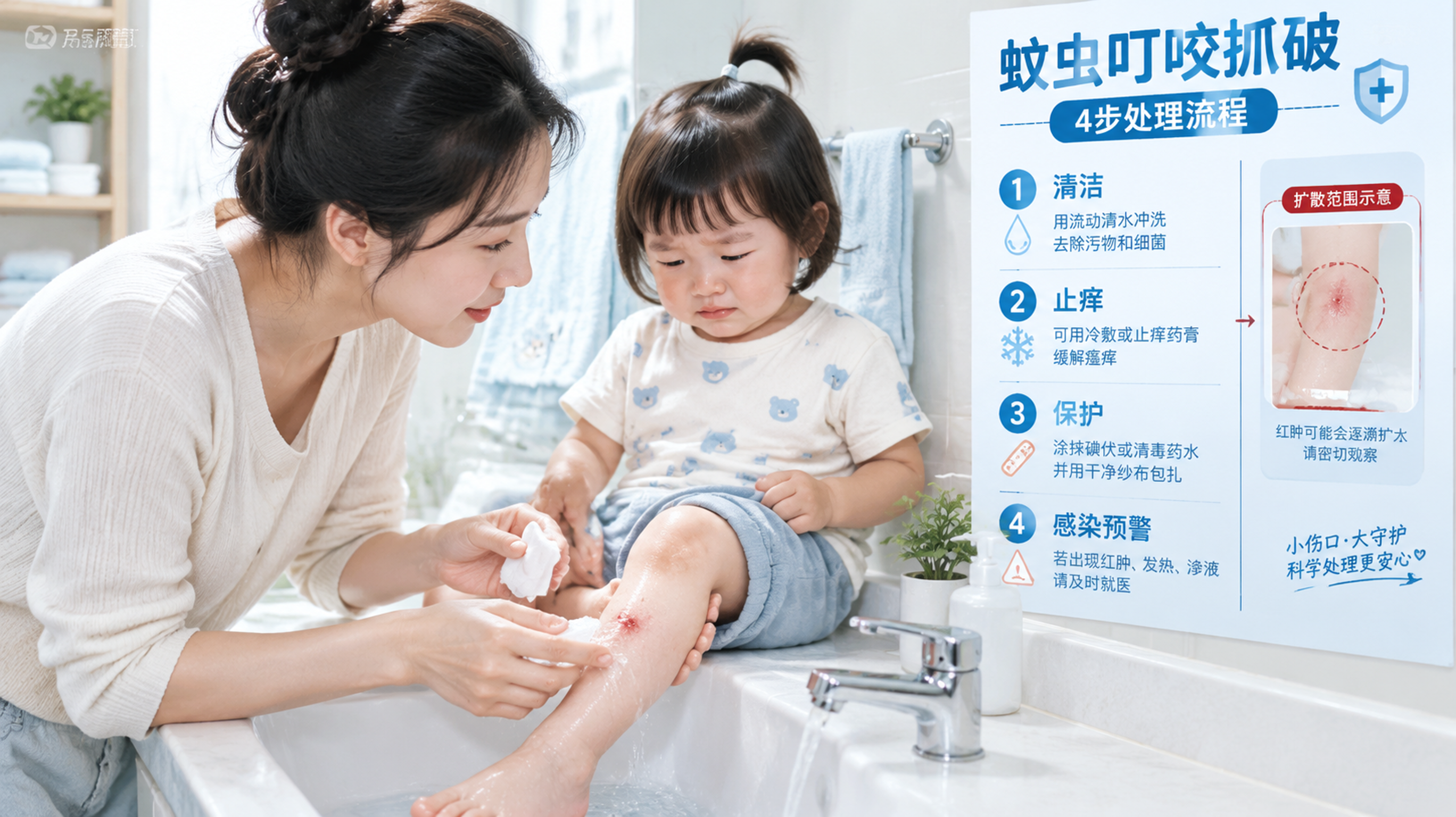 中国年轻妈妈在家庭卫生间/洗手台旁,给中国2岁左右幼儿处理蚊虫叮咬抓破的小伤口,画面核心主体为“4步