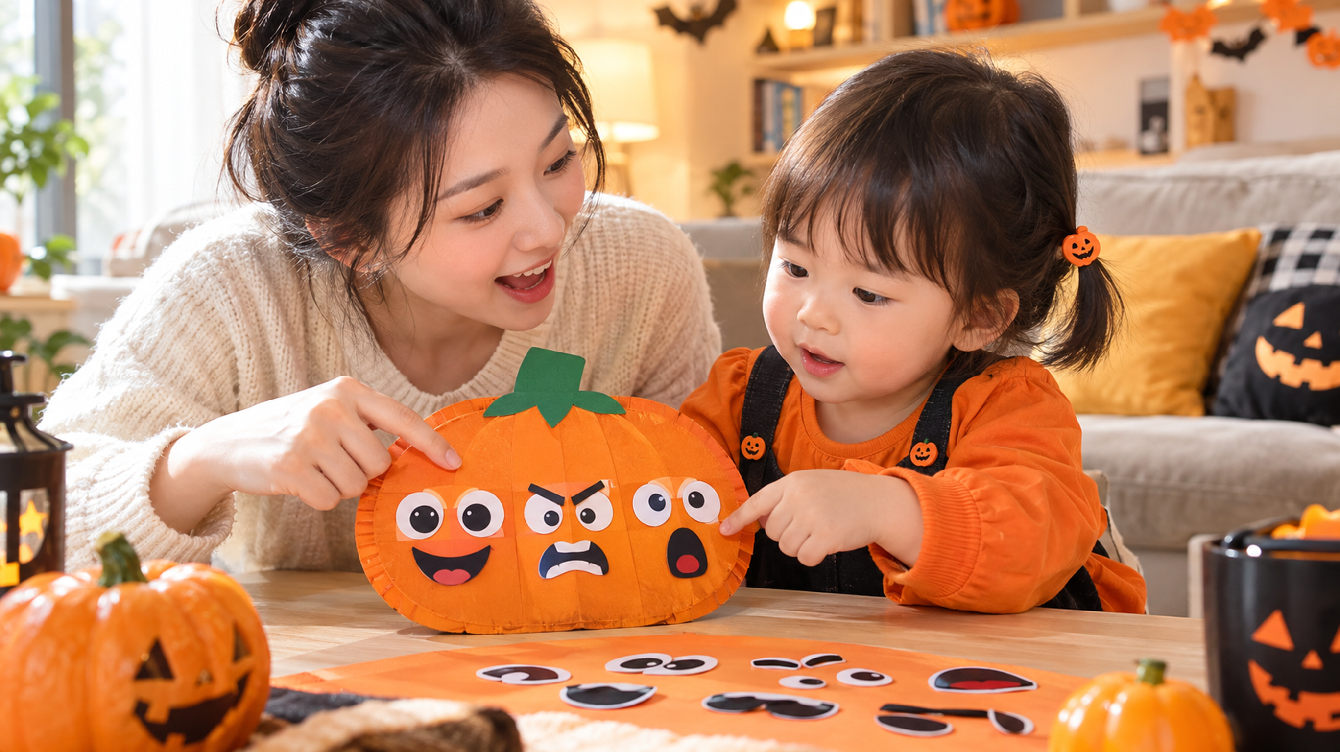 中国年轻妈妈在家中温暖客厅里，陪1-3岁中国幼儿做南瓜表情情绪认知游戏，桌上有一个南瓜灯或纸盘南瓜脸
