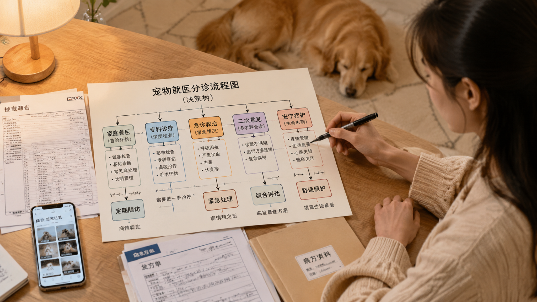 温暖沉静风的室内场景，中国年轻女性主人在家中餐桌前整理宠物病历资料，桌上有整齐摆放的检查报告、处方单