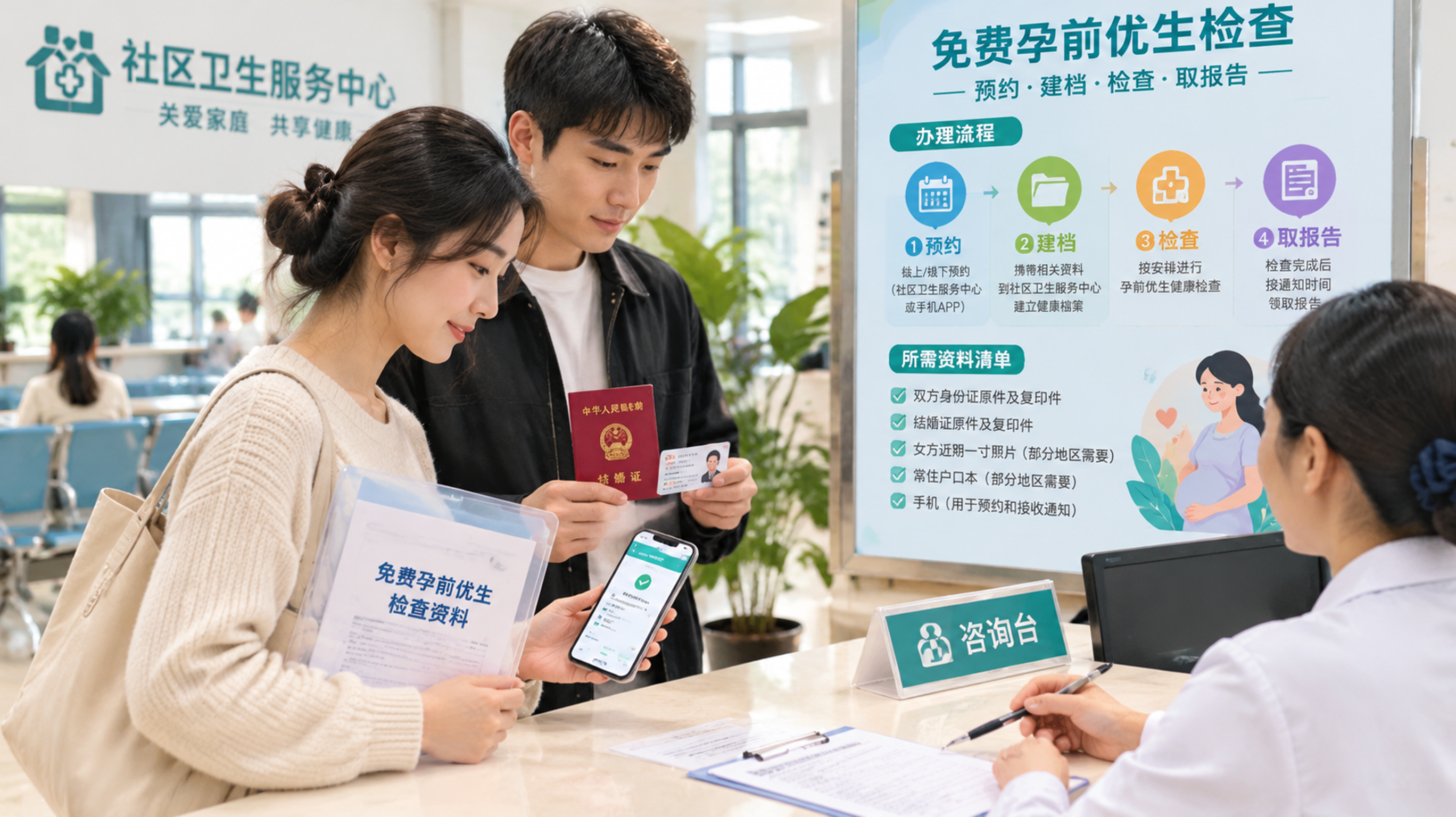 中国年轻夫妻在社区卫生服务中心的明亮大厅咨询台前办理免费孕前优生检查,妻子手拿资料文件袋与手机预约页