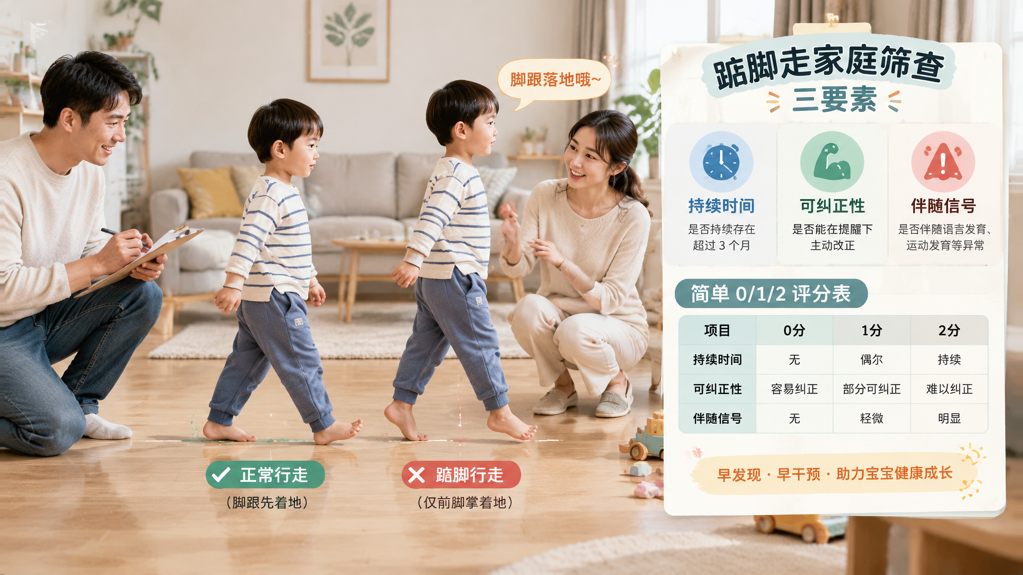 中国家庭客厅场景，一对中国年轻父母陪一名中国幼儿在地板上走路演示对比，画面左侧孩子脚跟着地正常行走，