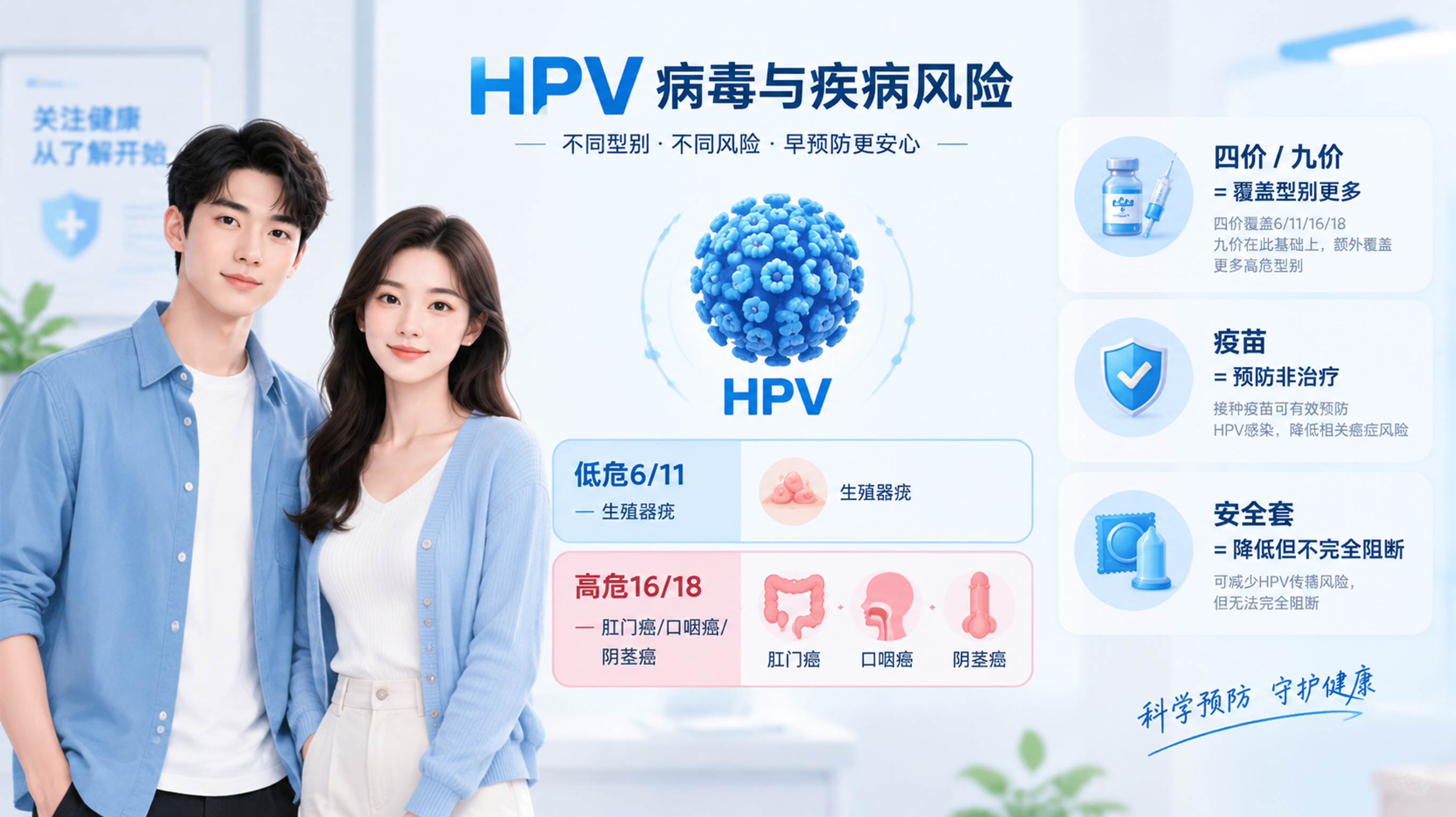 蓝白科研风信息图海报场景，中国年轻男性与中国年轻女性并肩站立，表情自然不羞耻化，画面中央为简洁的HP