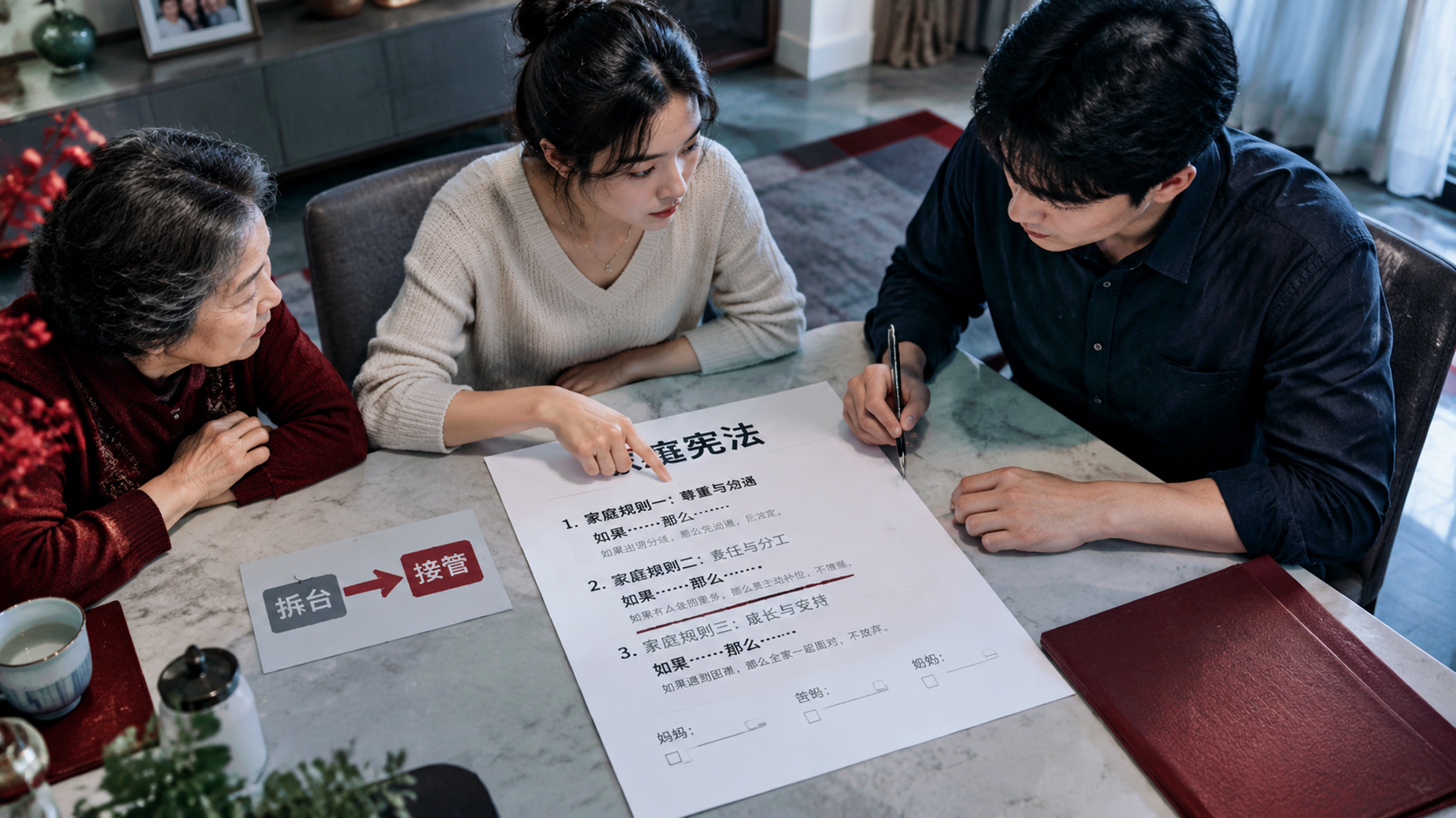 中国家庭室内餐桌场景，像法庭与董事会混合氛围；中国年轻妈妈与中国年轻爸爸坐在桌边认真讨论，旁边一位中