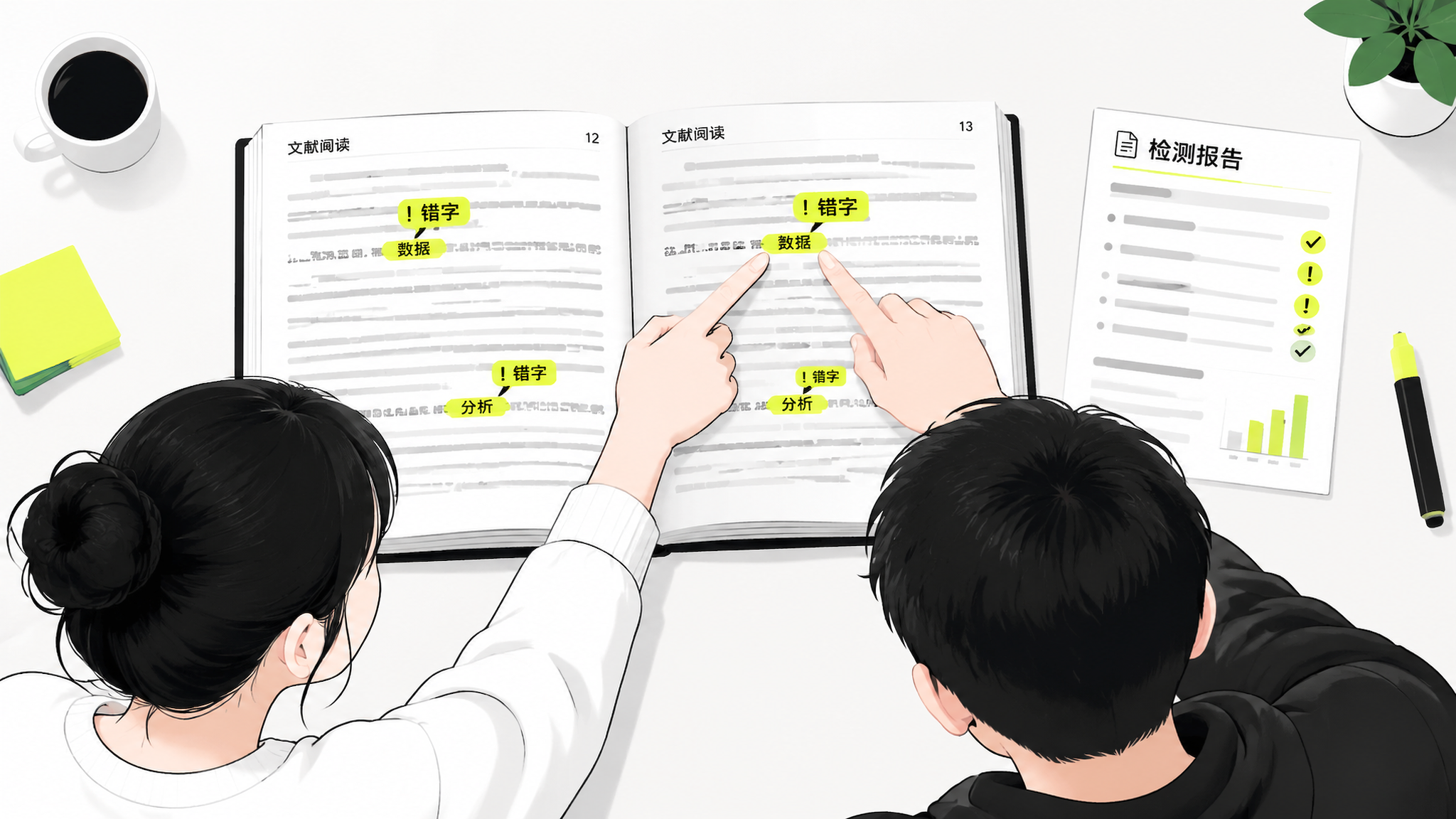 黑白极简插画风,一张桌面俯拍构图,两本打开的书并排放置,书页上用荧光黄标注几处“错字”符号,旁边有一