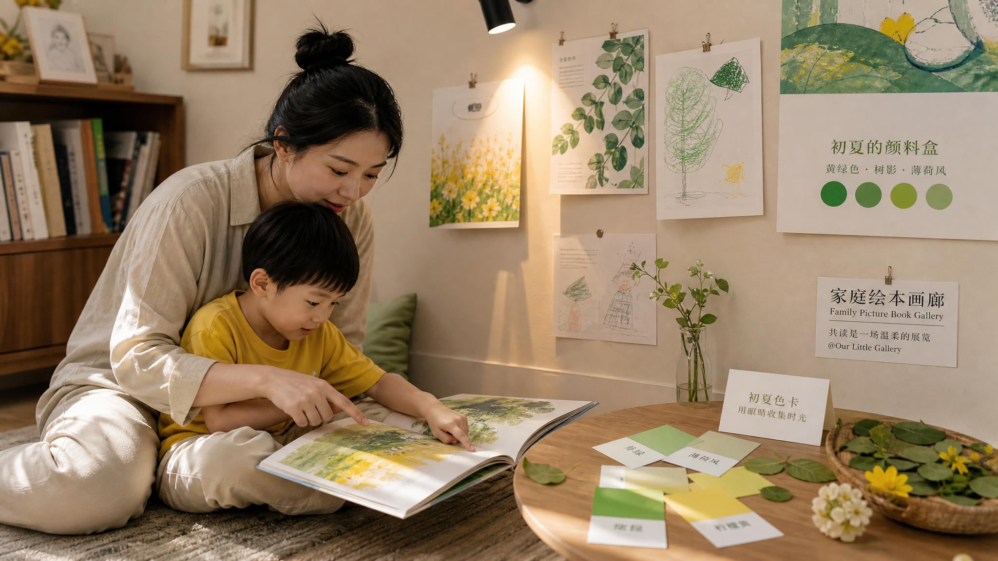 中国年轻妈妈与3-6岁中国幼儿在家中客厅地毯上共读艺术绘本，旁边墙面布置成小型“家庭绘本画廊”有几页