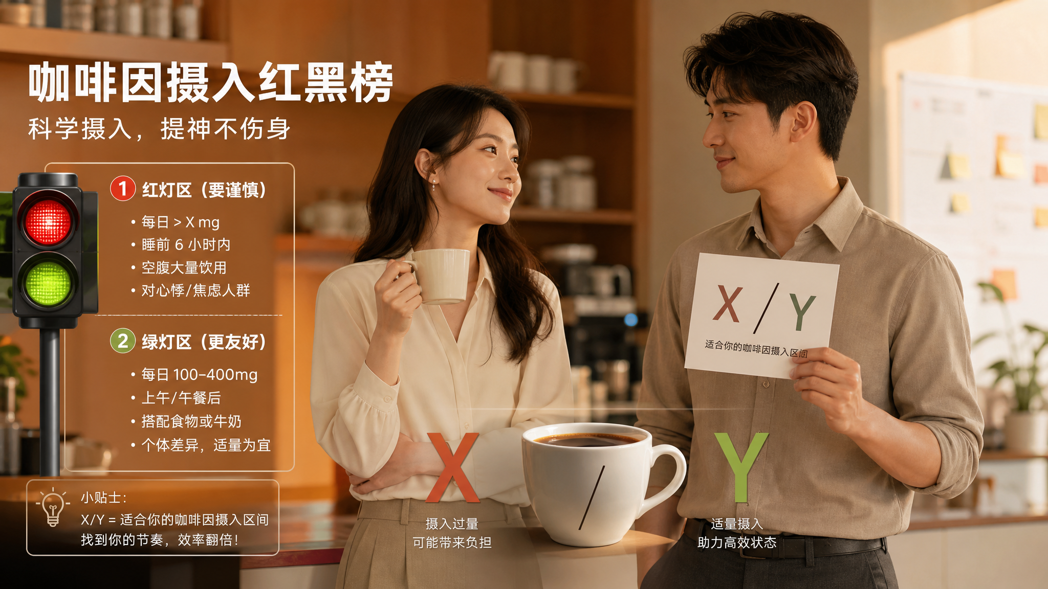 中国职场年轻夫妻在办公室茶水间场景,女性手拿小杯咖啡、男性手拿一张写有“X/Y”字样的简洁科普卡片,