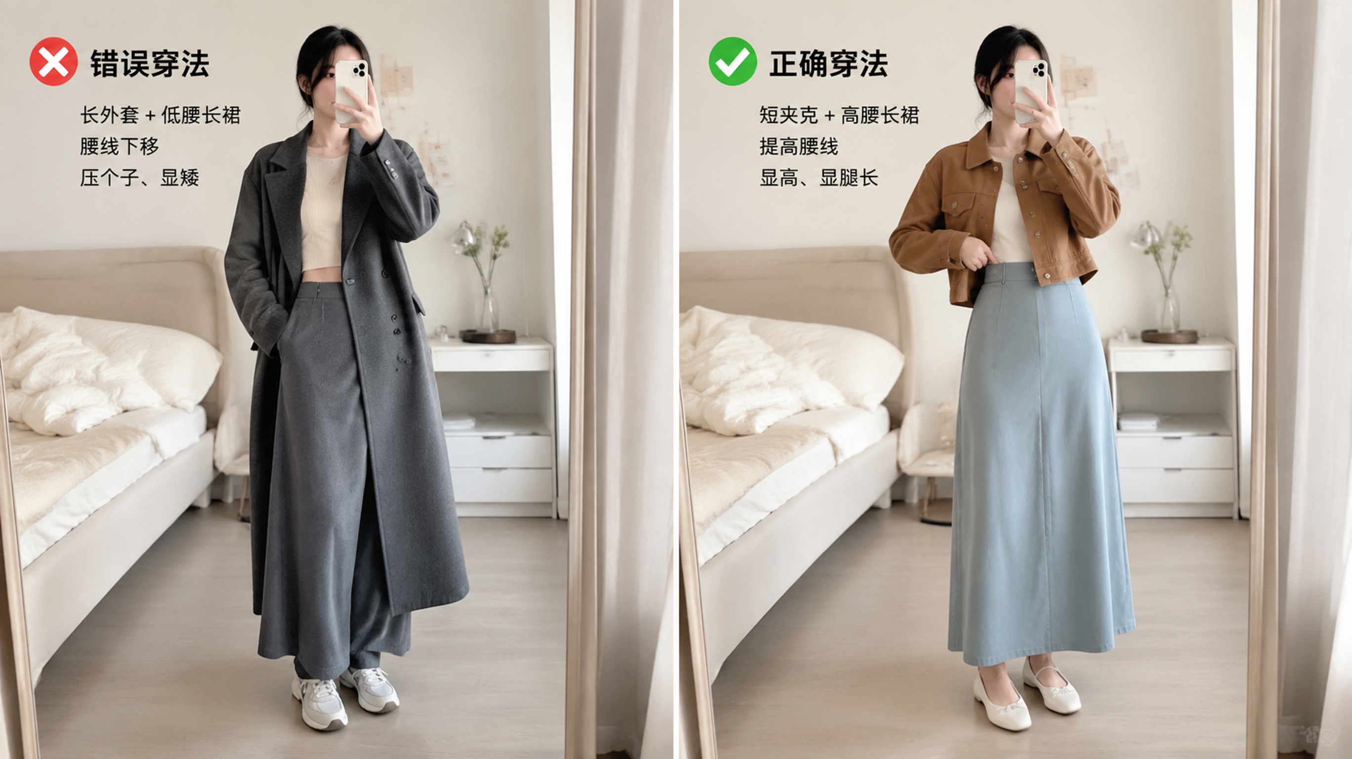 中国年轻女性，小个子身材，在家中明亮卧室的全身镜前做穿搭对比展示，画面左右分屏：左侧错误穿法为长外套