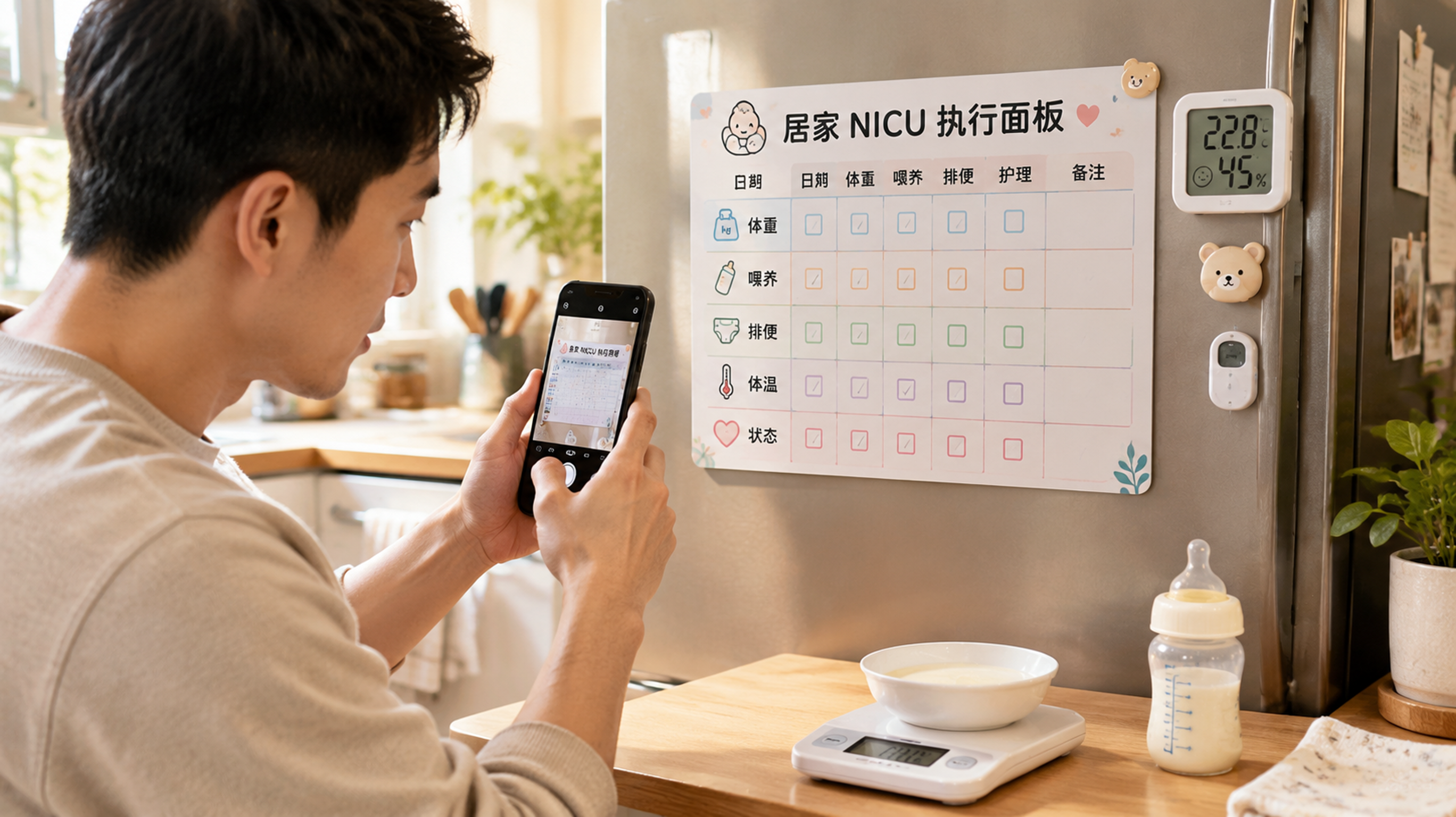 中国年轻爸爸在家庭厨房冰箱前查看“居家NICU执行面板”打卡表，旁边有电子温湿度计与小型厨房秤，爸爸