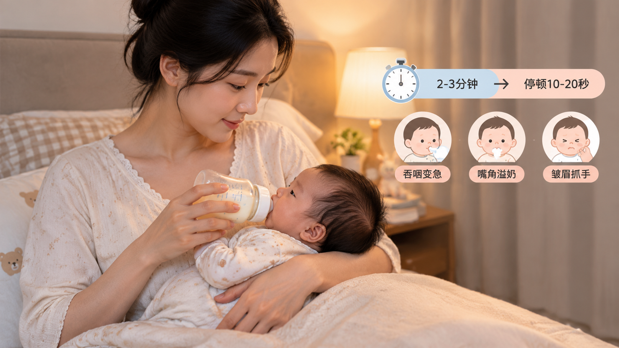 中国年轻妈妈在温暖整洁的卧室夜间喂奶场景中，以45度斜抱姿势抱着中国新生儿喂奶，宝宝头颈躯干保持一条