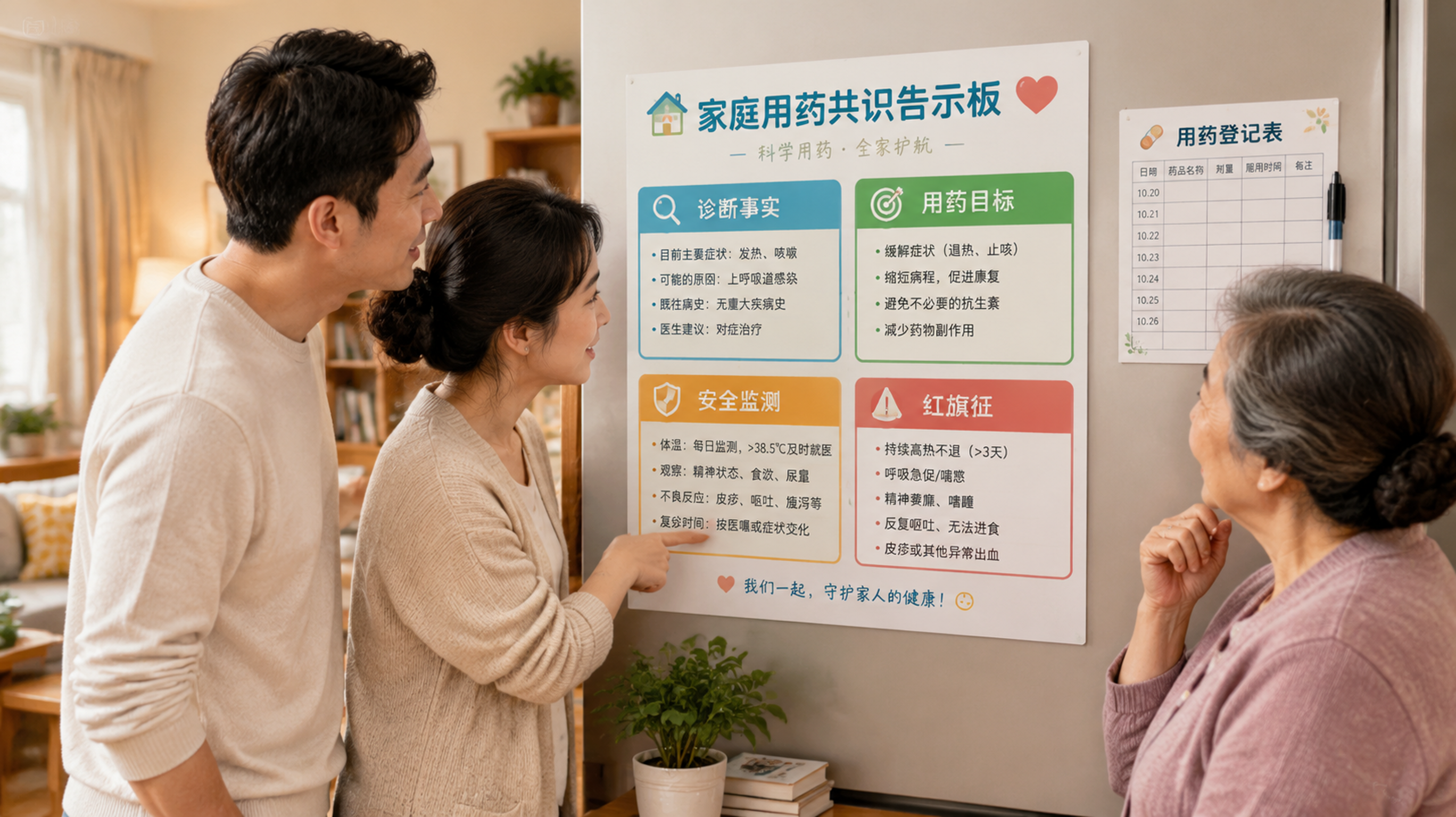 中国家庭客厅场景，墙上或冰箱门贴着一块“家庭用药共识告示板”，上面清晰分区写着“诊断事实/用药目标/