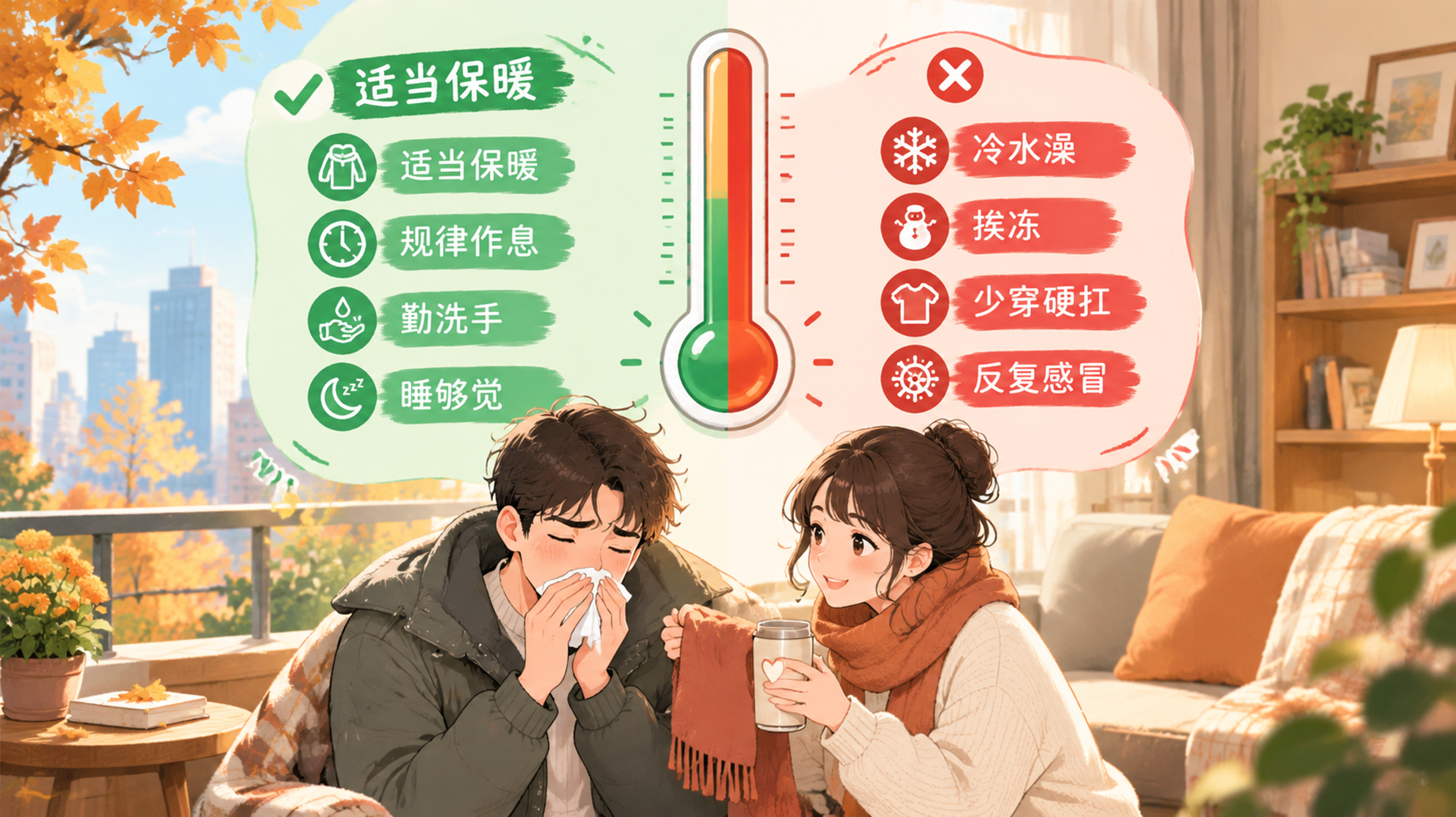 竖版信息图风格插画,画面中央是一支大温度计作为核心主体,左侧绿色区域写着“适当保暖、规律作息、勤洗手