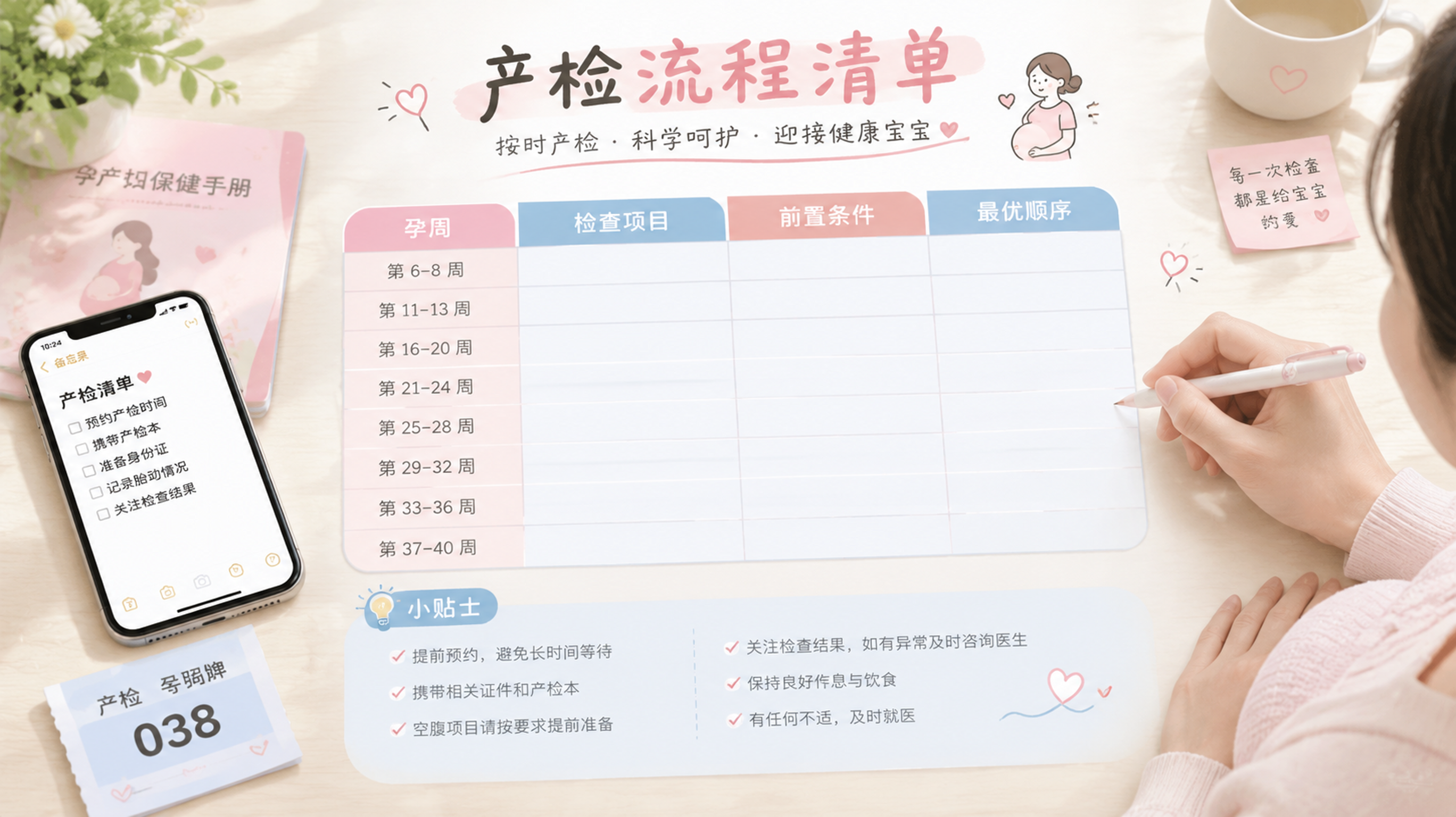 竖版信息图长图风格，场景为简洁干净的桌面与手机备忘录界面结合展示，中国孕妇的手在桌面上用笔勾画产检流