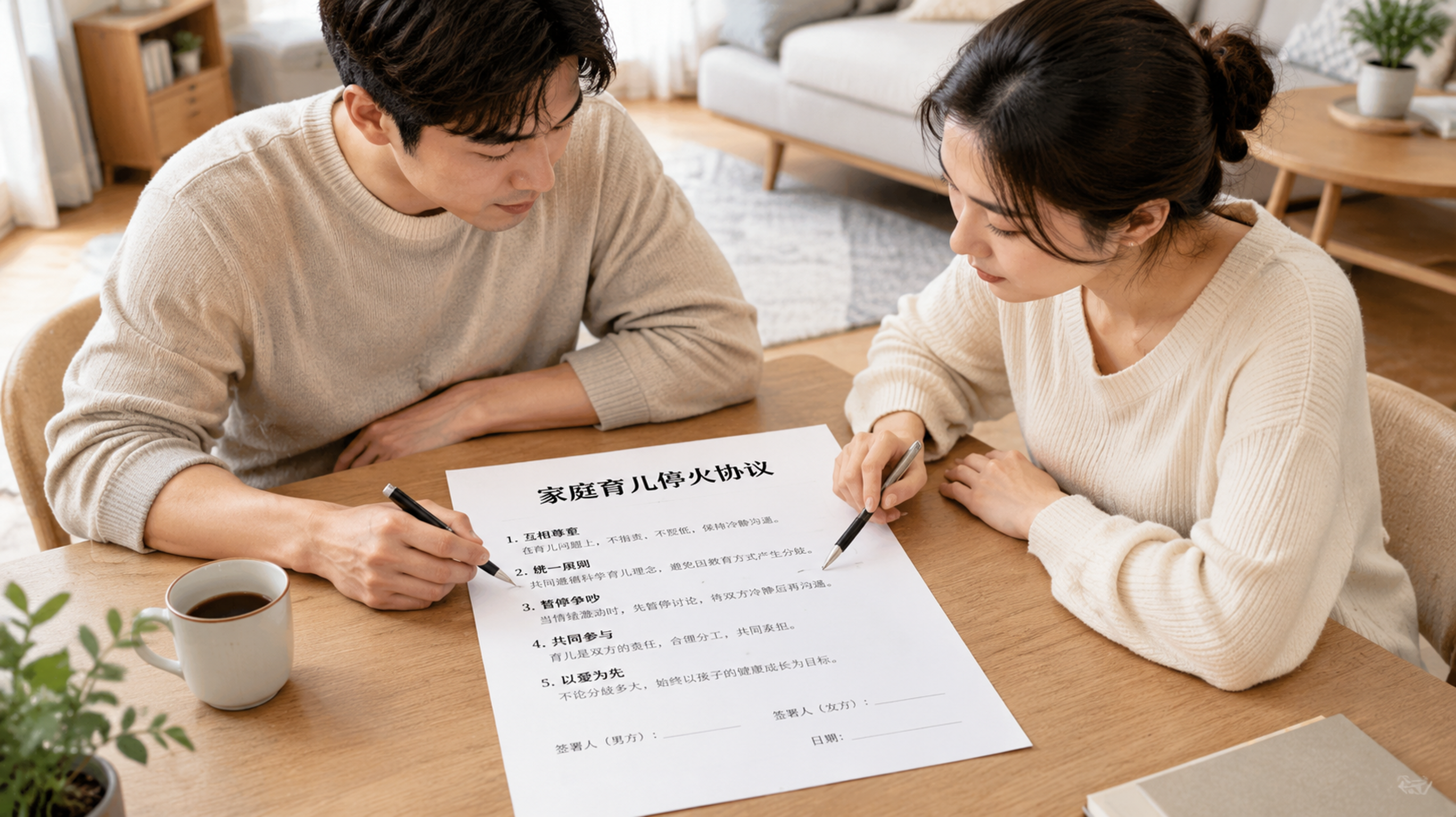现代中国年轻夫妻坐在家中餐桌旁，桌面铺着一张白纸黑字的“家庭育儿停火协议”文件，条款编号清晰，底部有