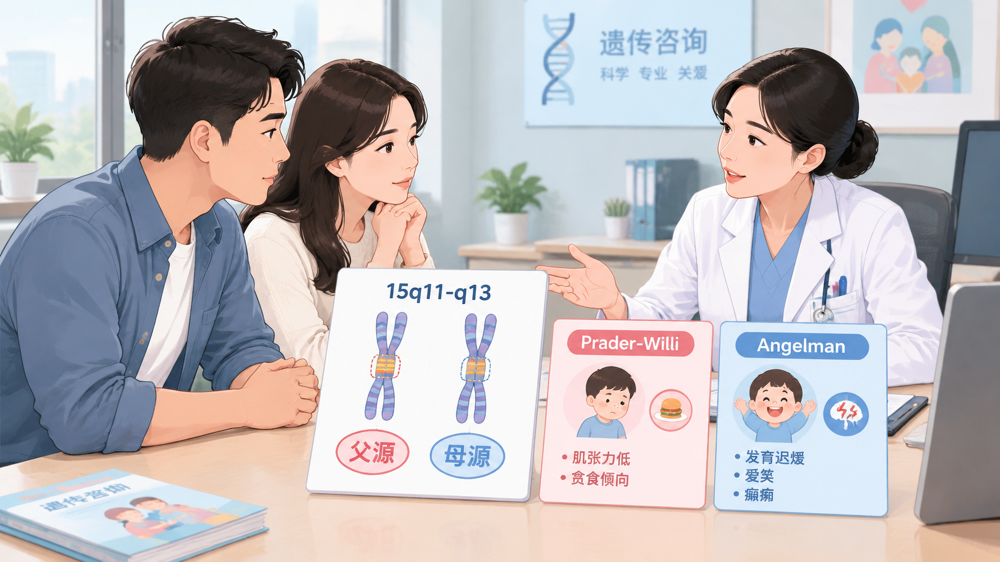 医疗科普插画风格画面,中国年轻父母在医院遗传咨询门诊桌前与医生交流,桌面上放着一张“15q11-q1