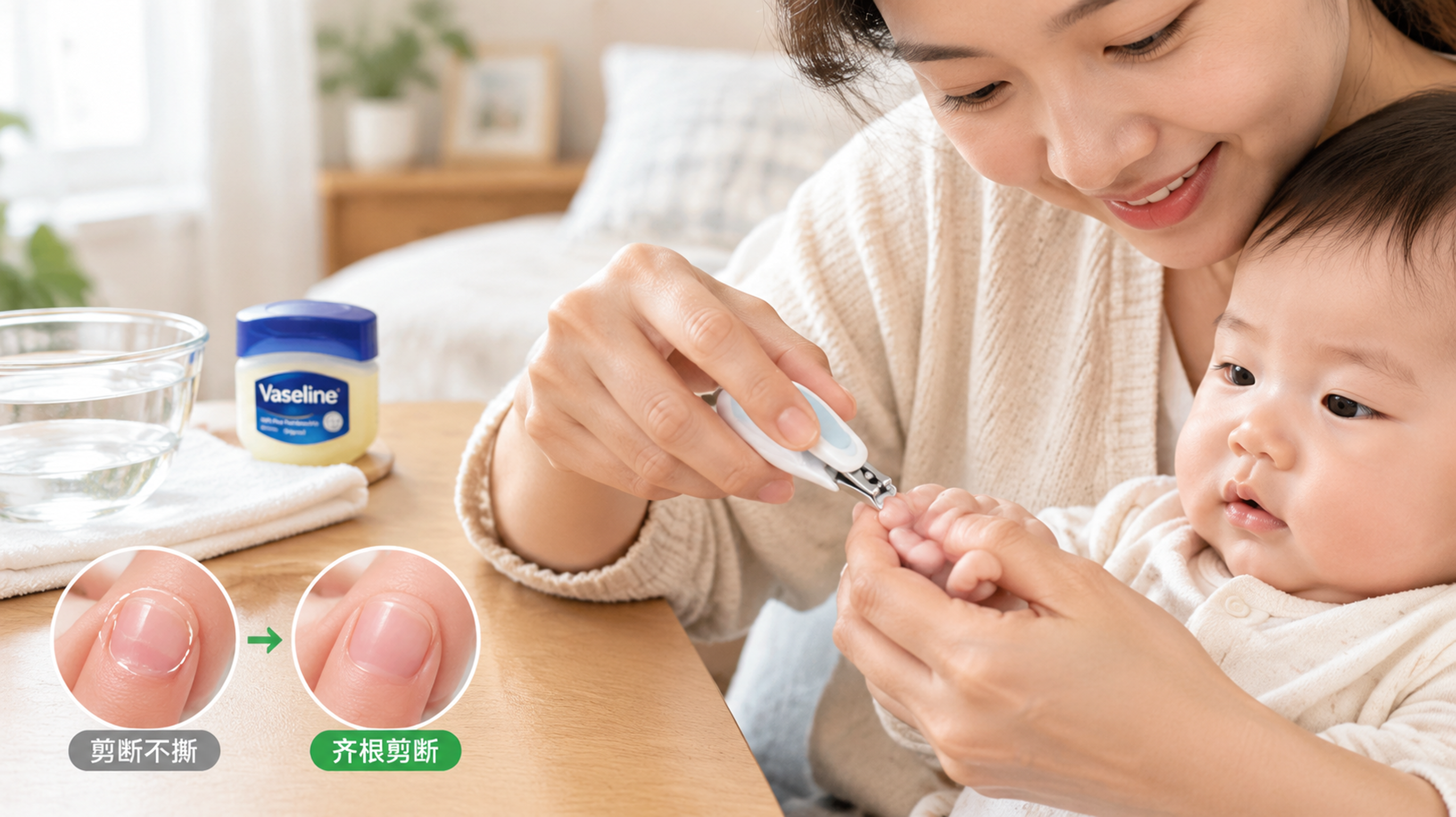 中国年轻妈妈在家中明亮干净的卧室/客厅里，抱着0-1岁中国婴儿，妈妈在桌面上用婴儿指甲剪为宝宝手指甲