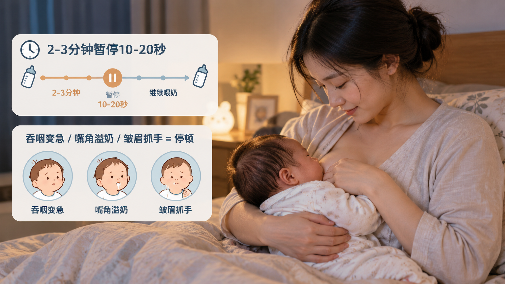 中国年轻妈妈在卧室夜间柔和小夜灯环境中，45度斜抱中国新生儿喂奶，宝宝头颈保持一条直线，妈妈手部姿势