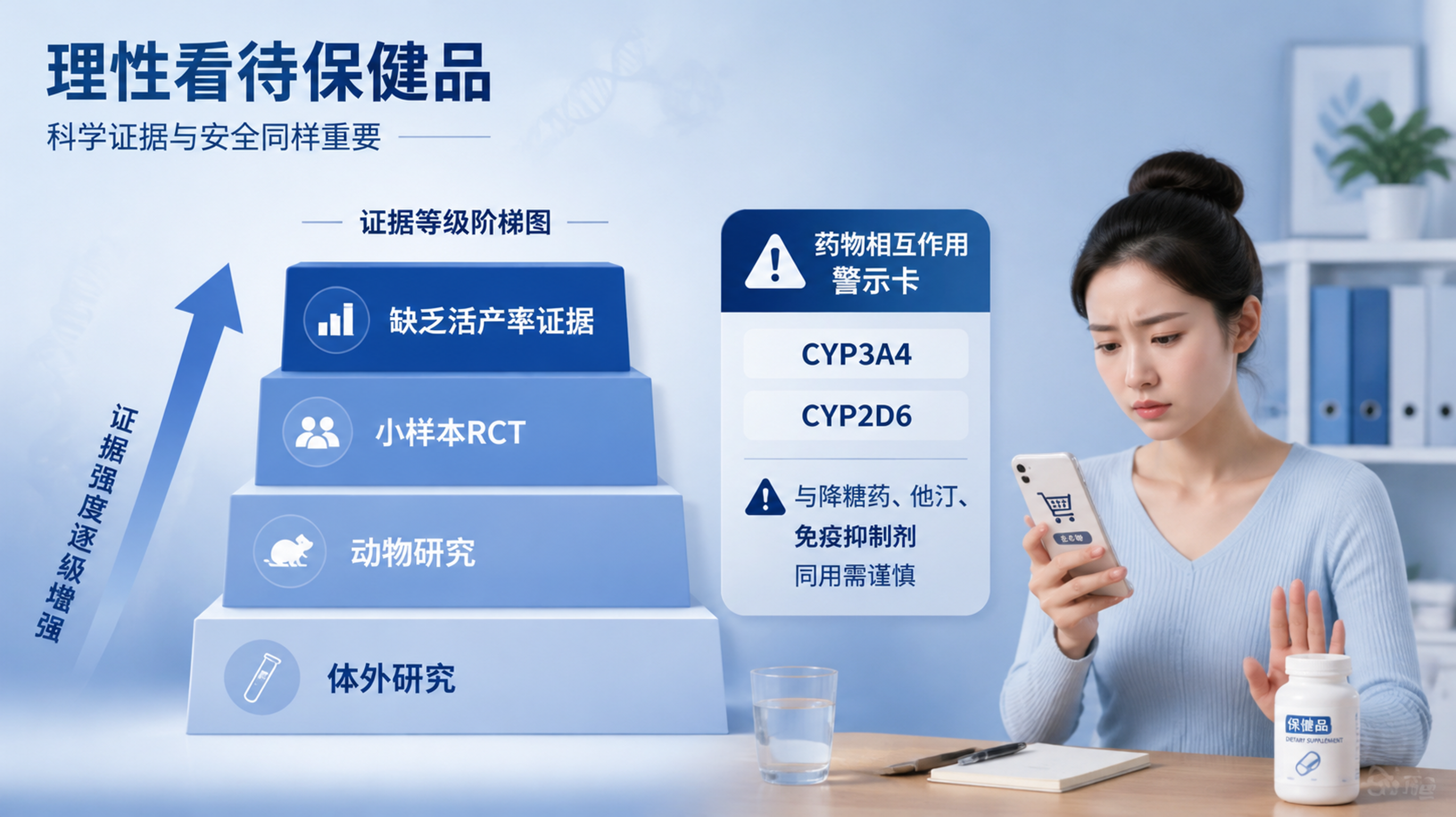 深蓝与白色科研信息图风格画面,画面中心是一张“证据等级阶梯图”从下到上依次标注:体外研究、动物研究、