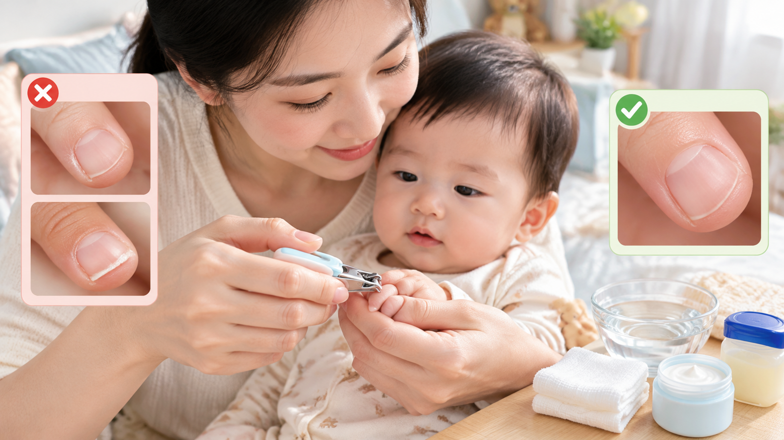 中国年轻妈妈在家中明亮干净的卧室/客厅里，抱着0-1岁中国婴儿，近景特写宝宝小手指甲周围有轻微倒刺对