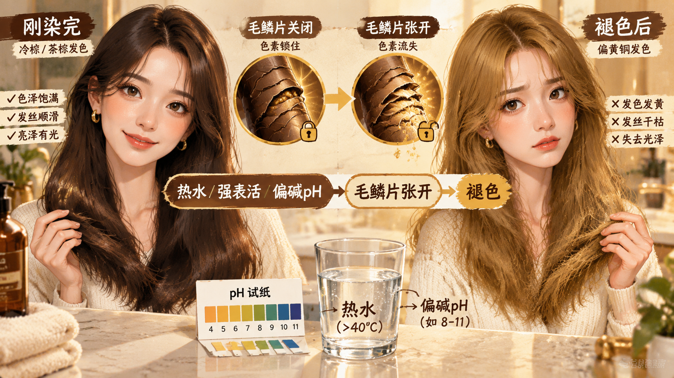 复古高饱和插画风格的科普对比画面，中国年轻女性半身形象，左侧为刚染完的冷棕/茶棕发色，右侧为褪色后偏