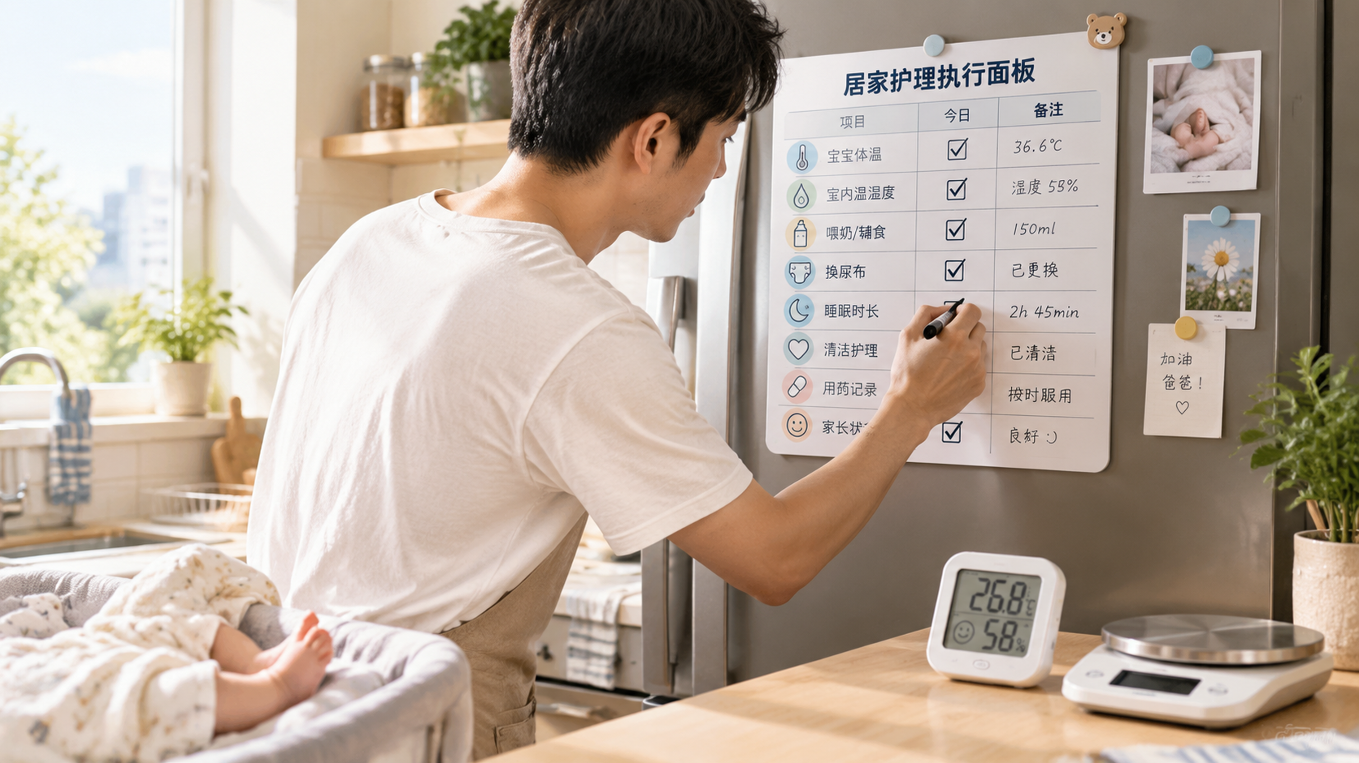 中国年轻爸爸站在家中厨房冰箱前，正在用马克笔在一张贴在冰箱上的“居家护理执行面板”上打勾记录，旁边桌