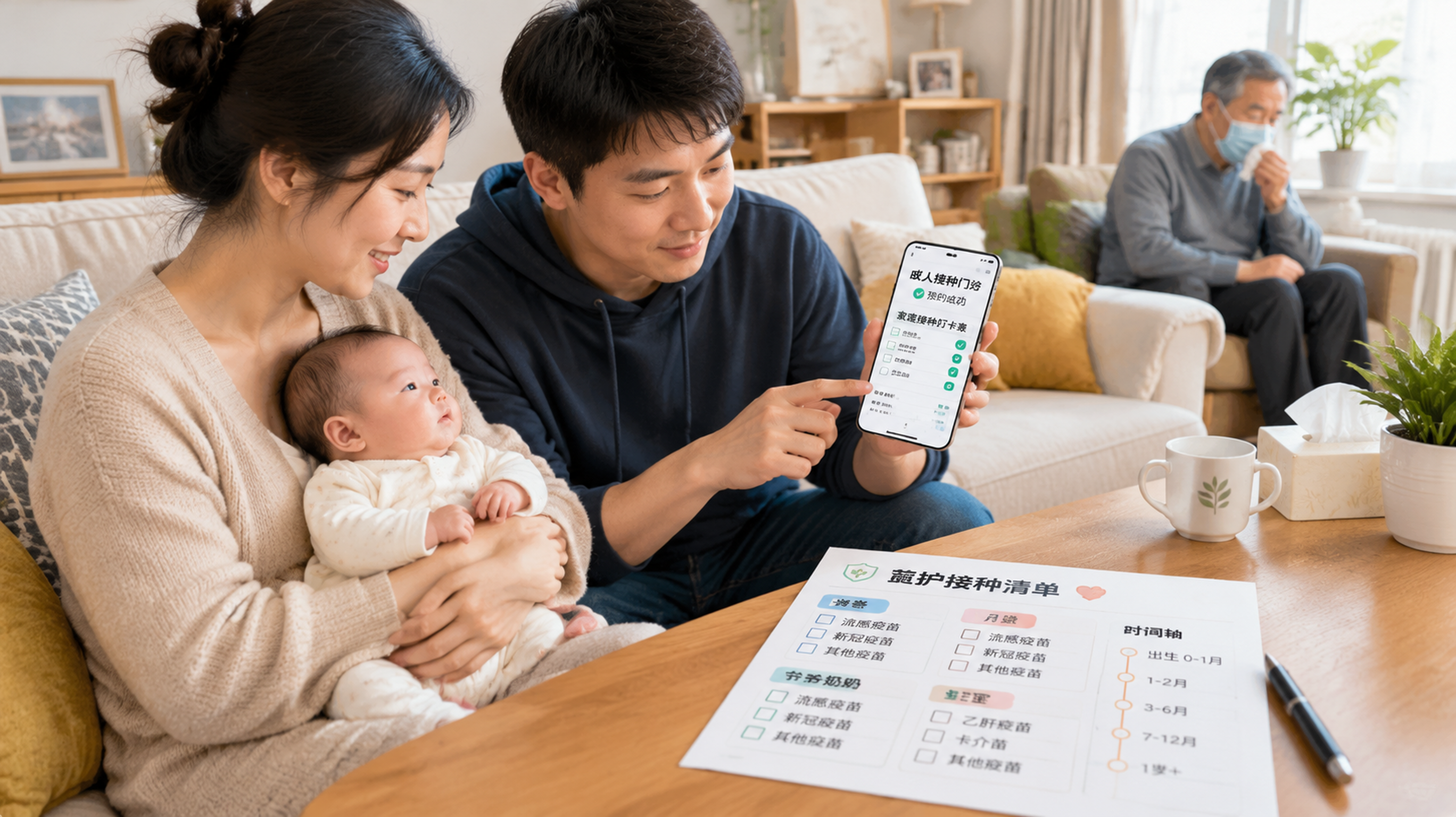 中国家庭室内场景，明亮整洁的客厅里，中国年轻妈妈抱着2月龄新生儿坐在沙发上，旁边中国年轻爸爸拿着手机
